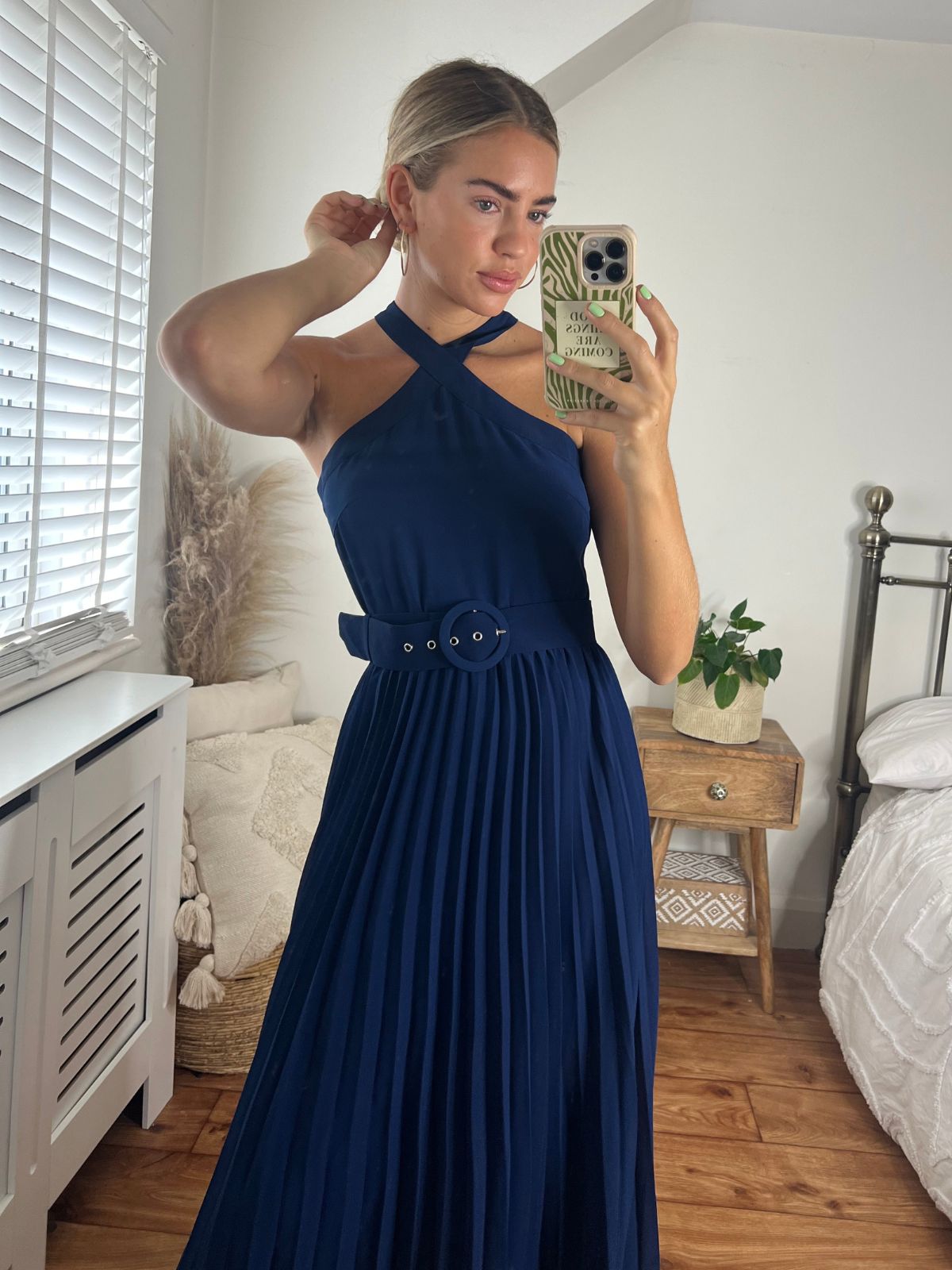 Navy Halter Pleated Belted Dress