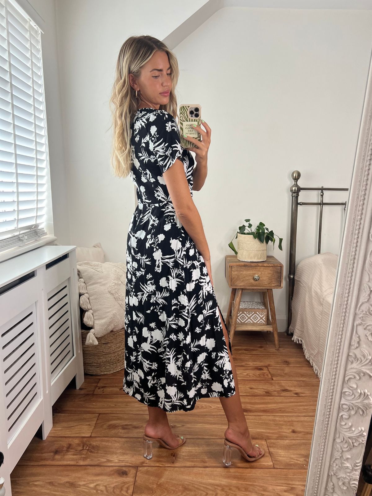 Black Floral V Neck Midi Dress