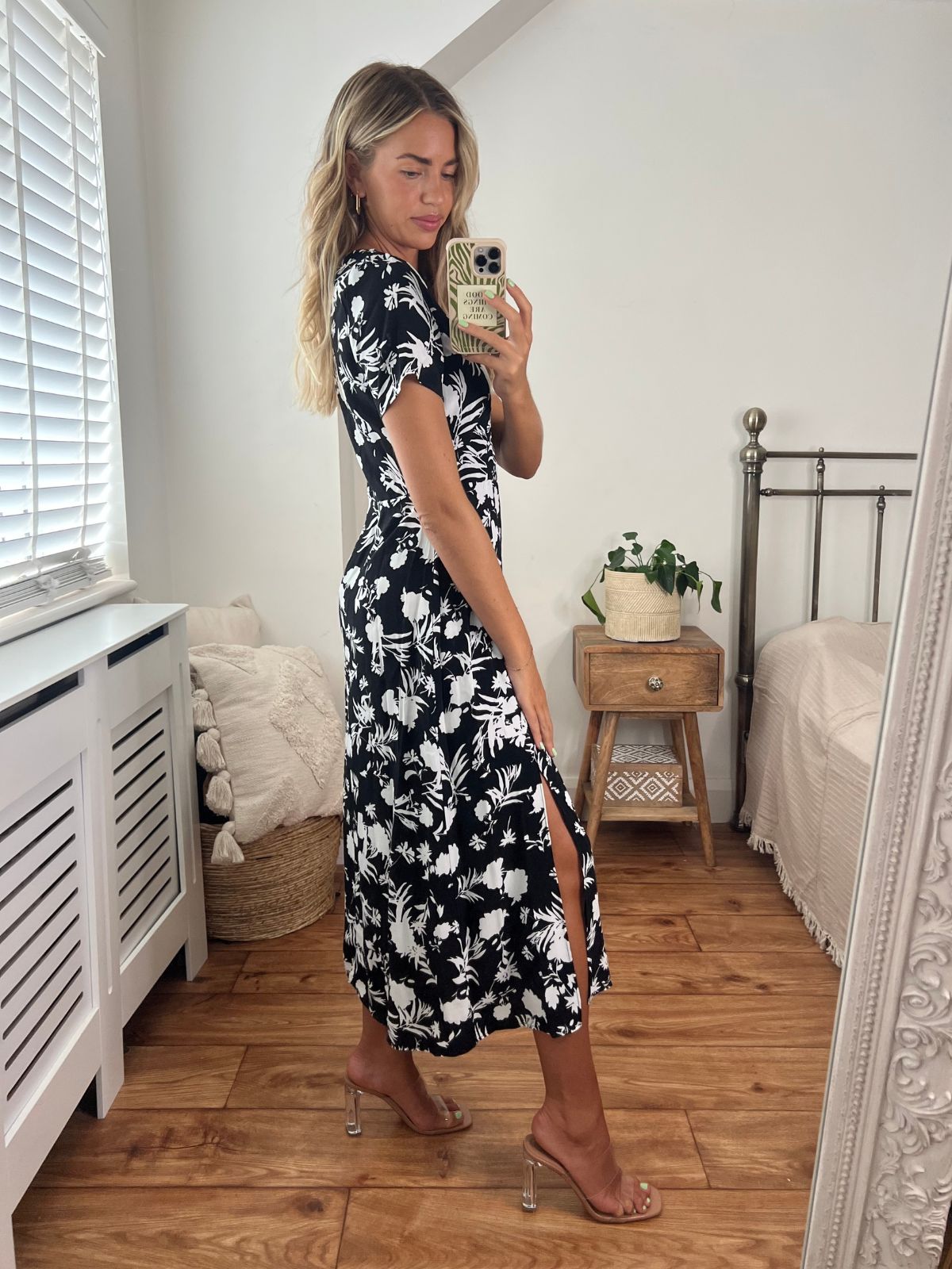 Black Floral V Neck Midi Dress