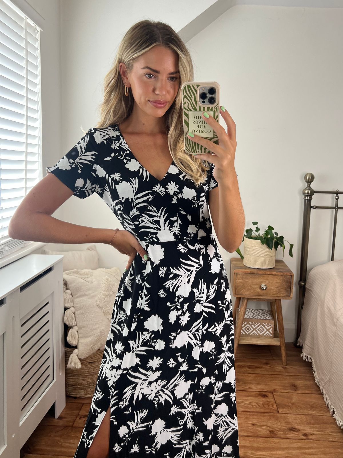 Black Floral V Neck Midi Dress