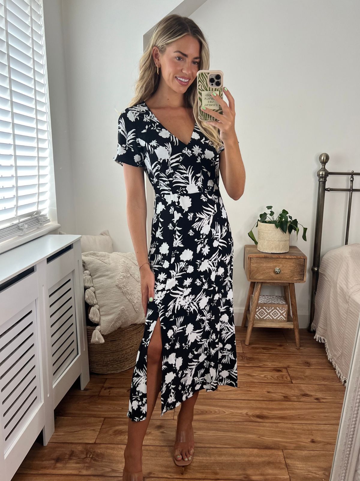 Black Floral V Neck Midi Dress