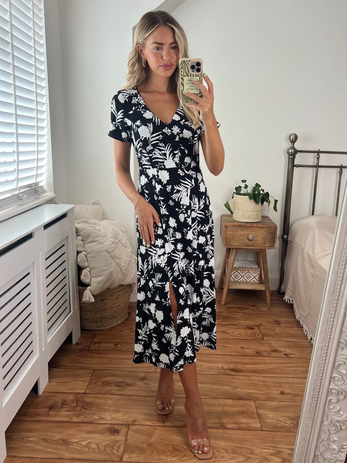 Black Floral V Neck Midi Dress