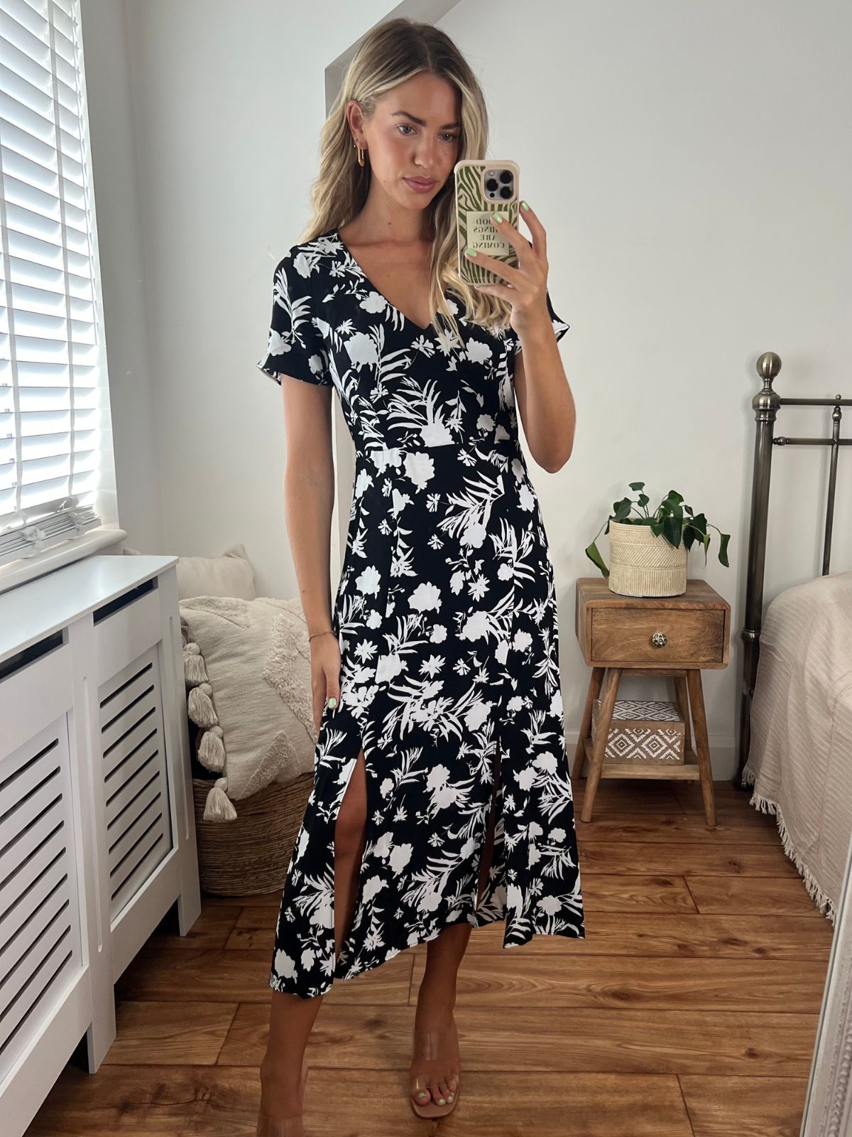 Black Floral V Neck Midi Dress