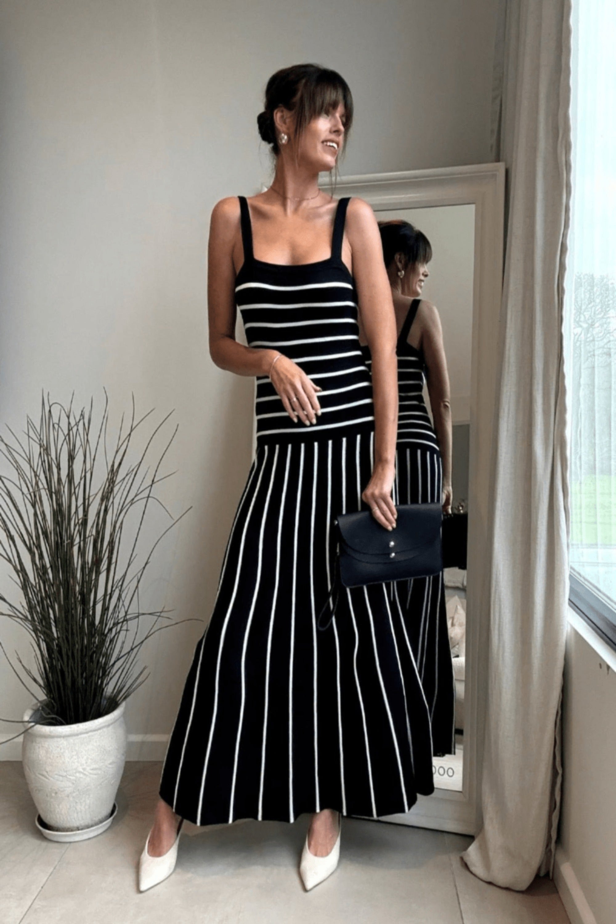 Black and White Stripe Knitted Midi Dress - Style Cheat
