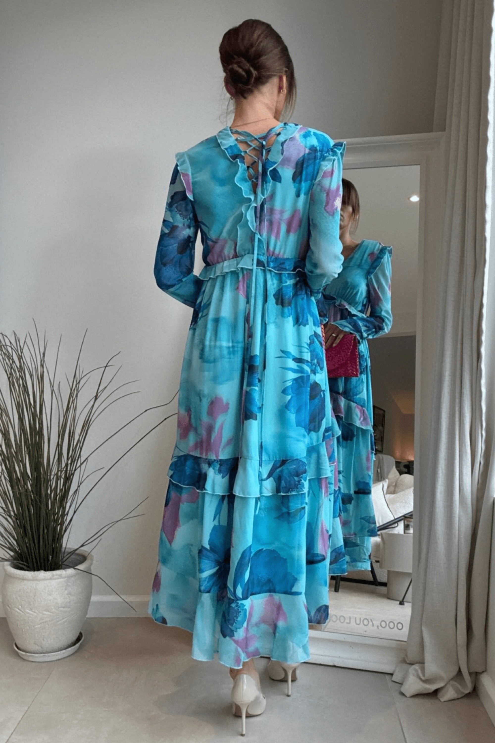 Birdie Frill Tie Back Dress / Blue Floral - Style Cheat