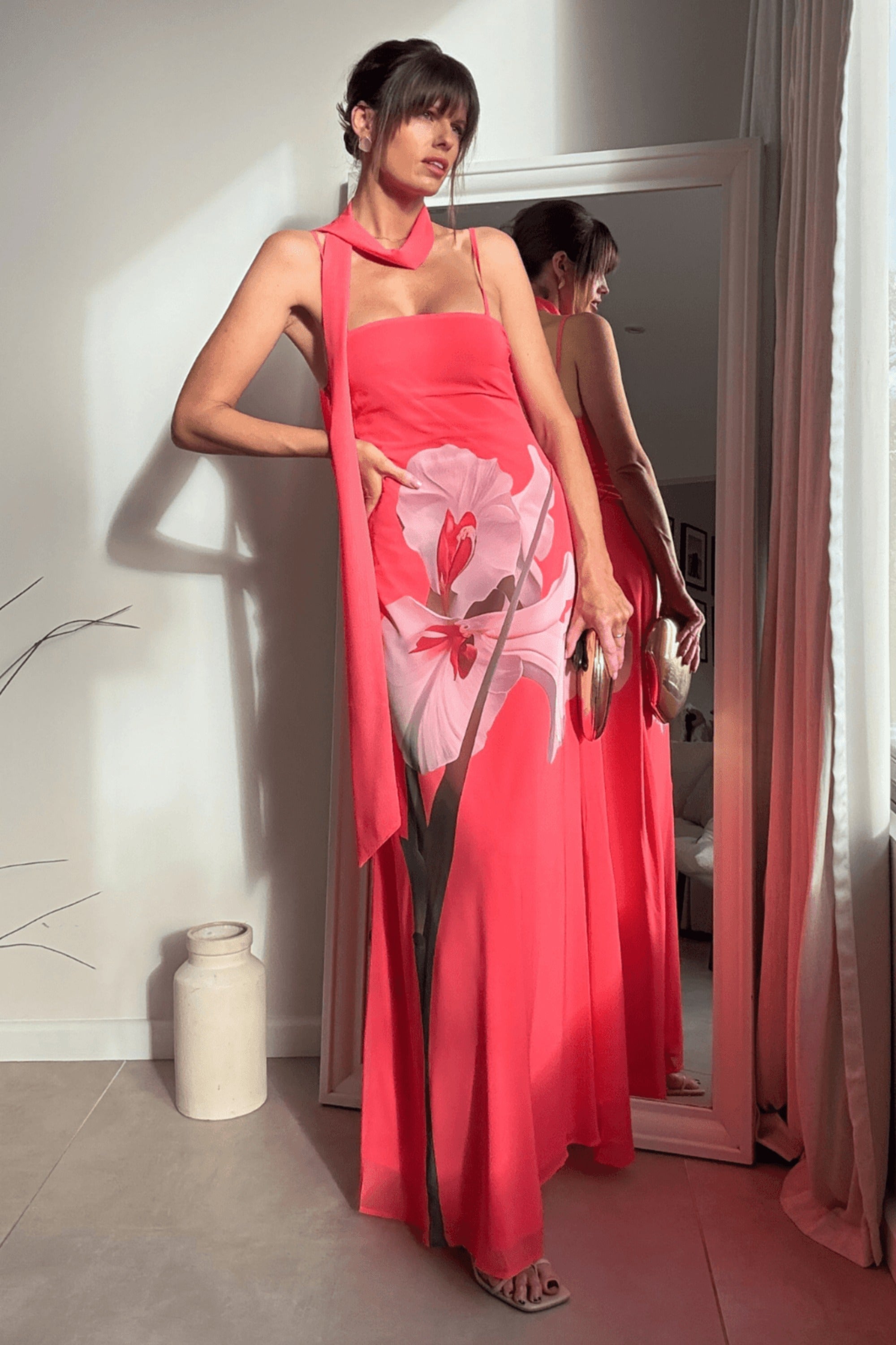 Peony Soft Chiffon Maxi Dress with Scarf in Pink - Style Cheat