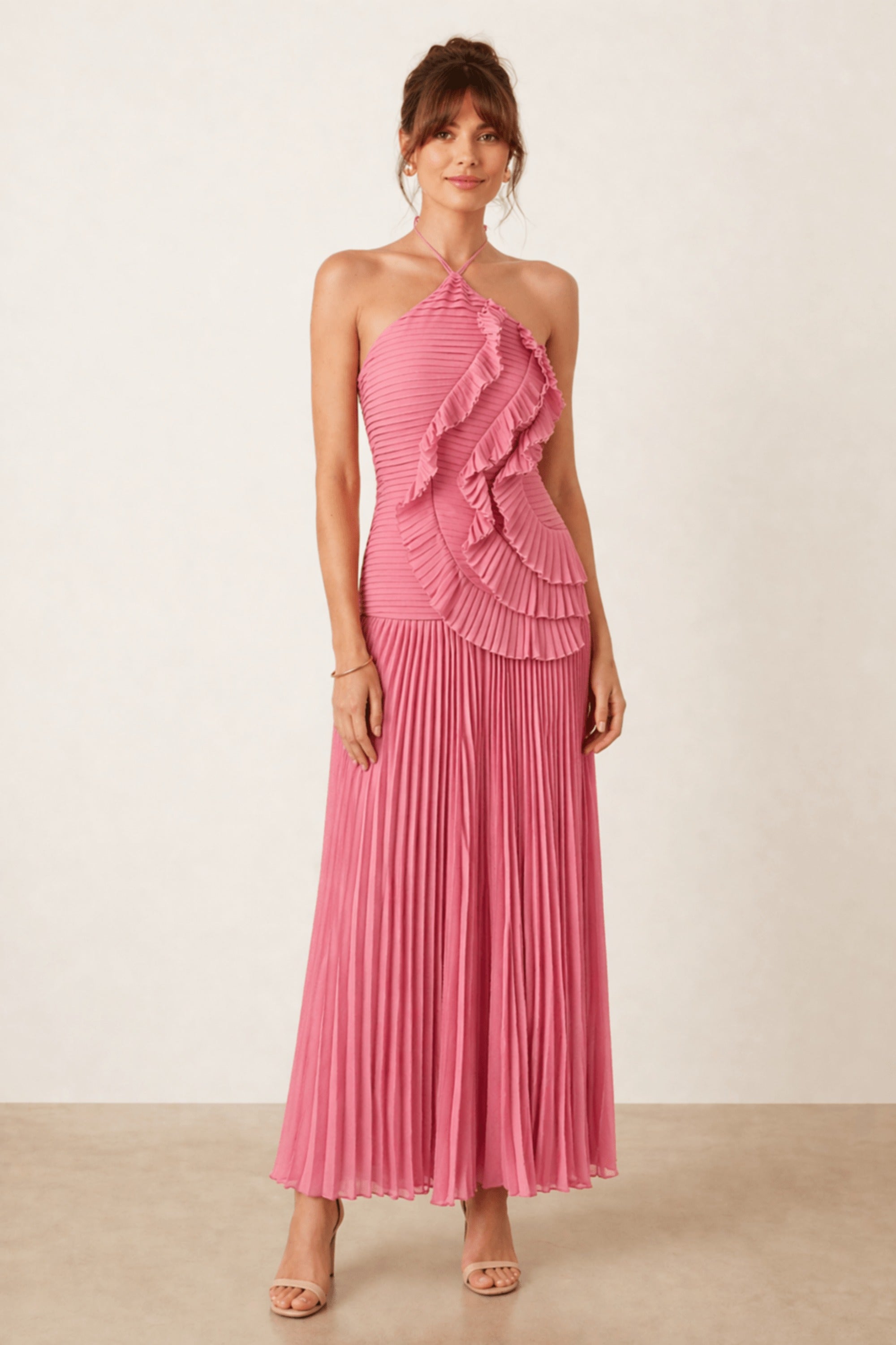 Pink Pleated Halter Maxi Dress – Style Cheat