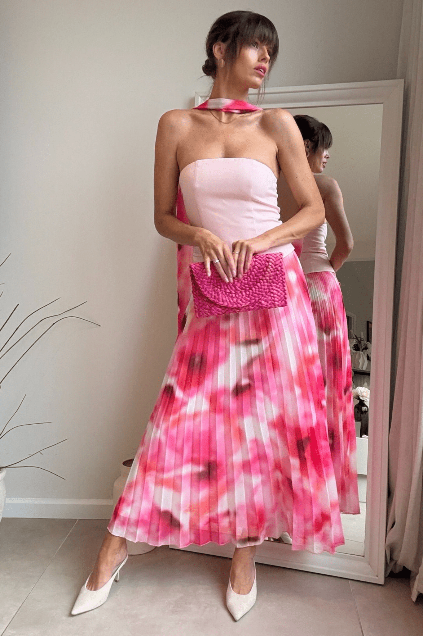 Viola Scarf Bandeau Pleat Dress in Pink - Style Cheat