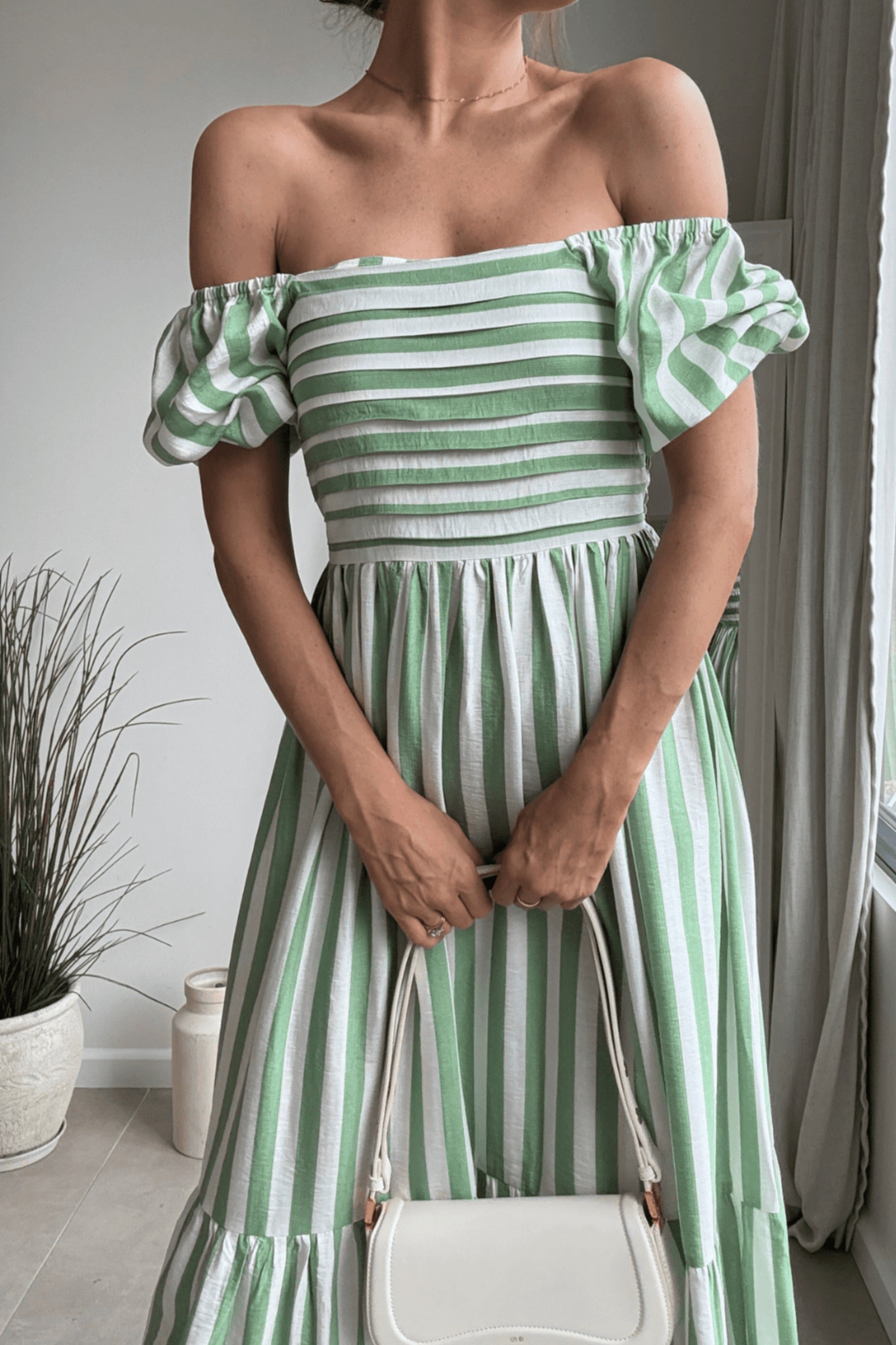 Leighton Puff Sleeve Midi Dress in Green Stripe - Style Cheat