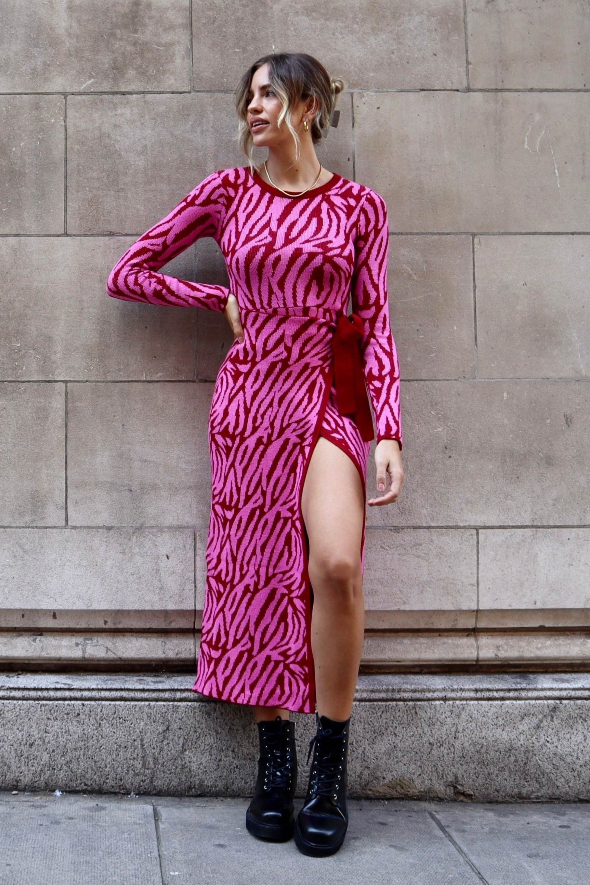 【PERVERZE】Pressed Knit Head Dress Zebra Knit Dress | Renee Zebra Jacquard Knitted Midaxi Dress in