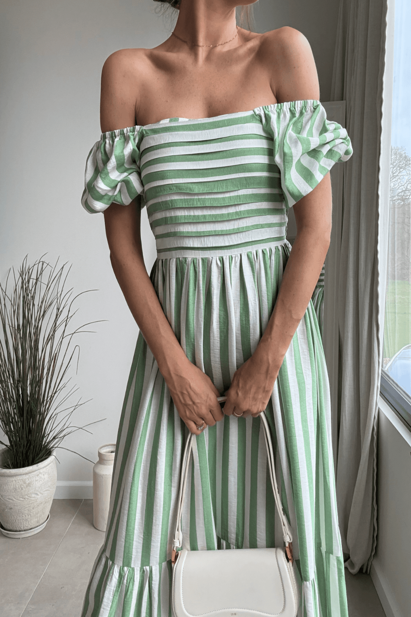 Leighton Puff Sleeve Midi Dress in Green Stripe - Style Cheat