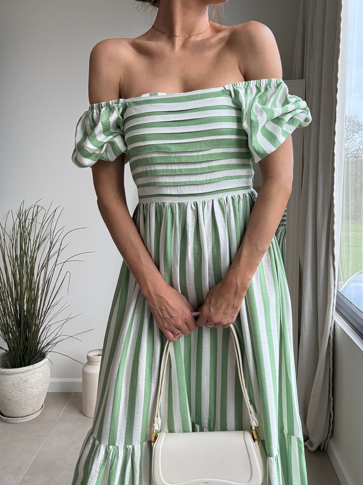 Leighton Puff Sleeve Midi Dress in Green Stripe
