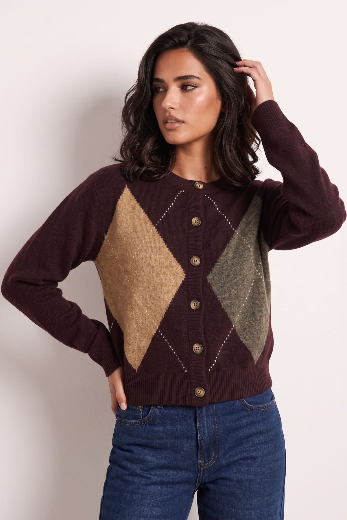 Dark Plum Argyle Knit Cardigan