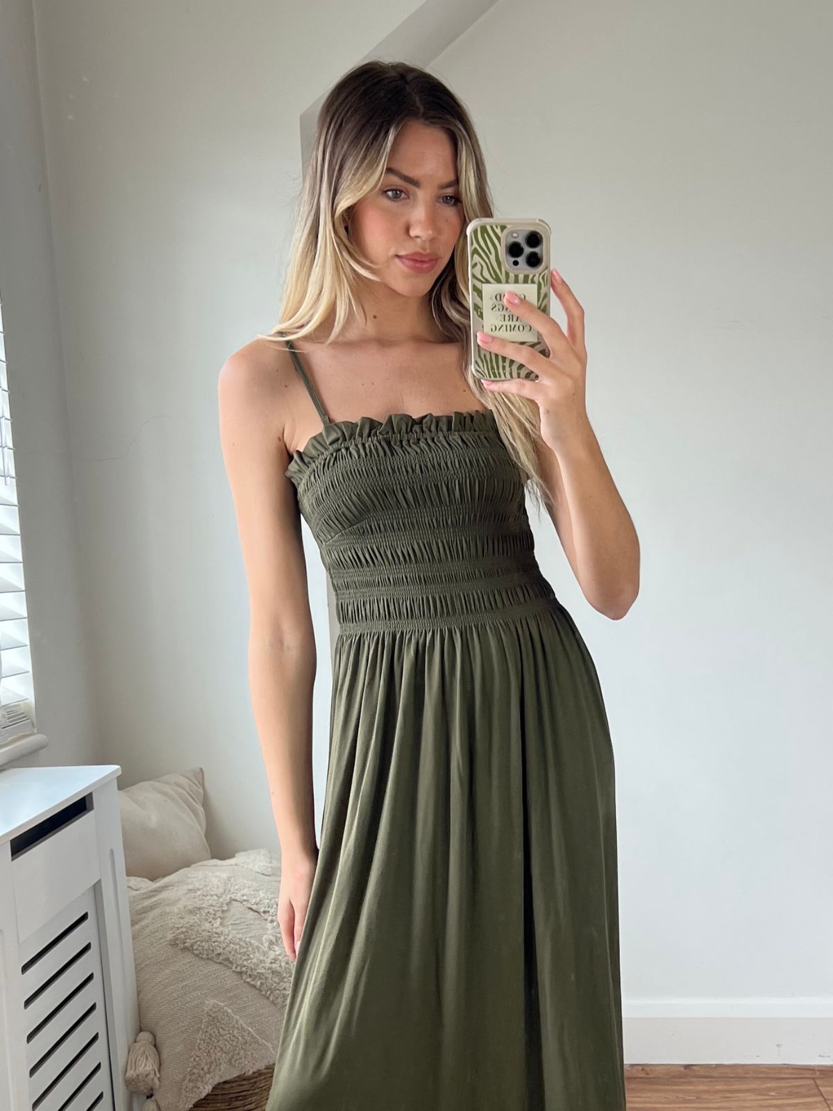 Betty Jersey Shirred Bandeau Dress / Khaki
