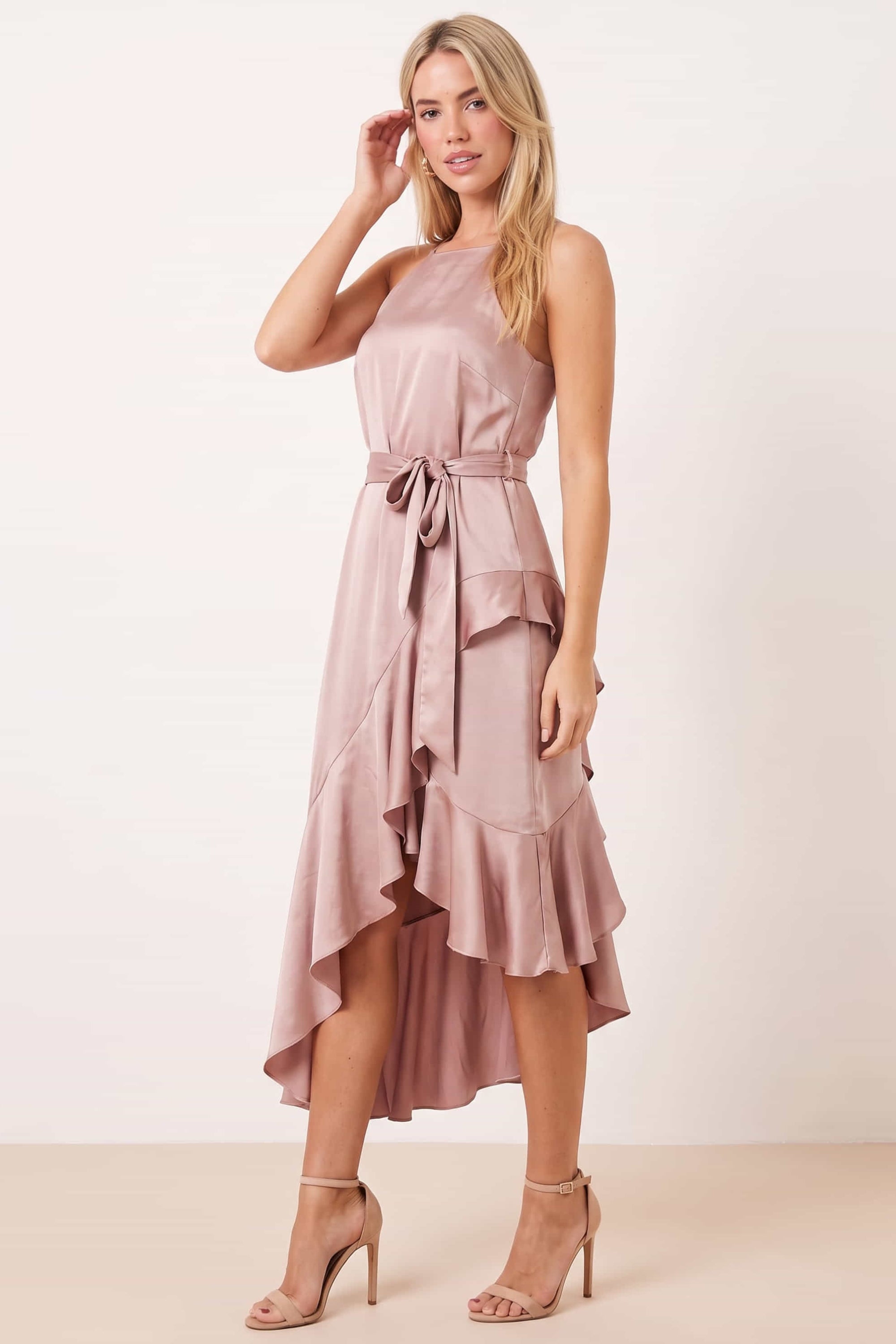 Halter Frill Satin Midi Dress / Blush