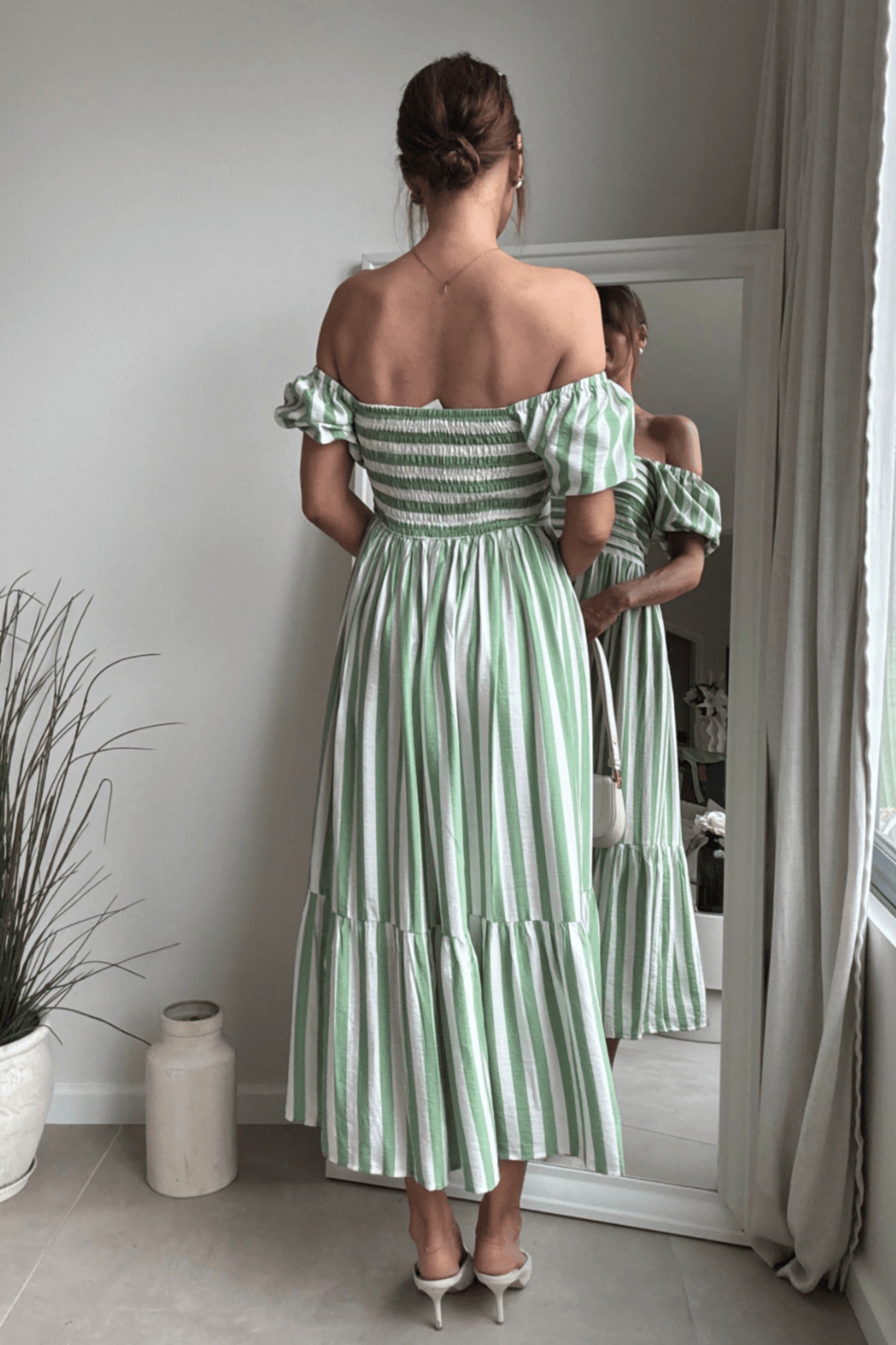 Leighton Puff Sleeve Midi Dress in Green Stripe - Style Cheat