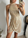 Gold Sequin Wrap Dress | Addie Sequin Wrap Skirt Mini Dress / Gold