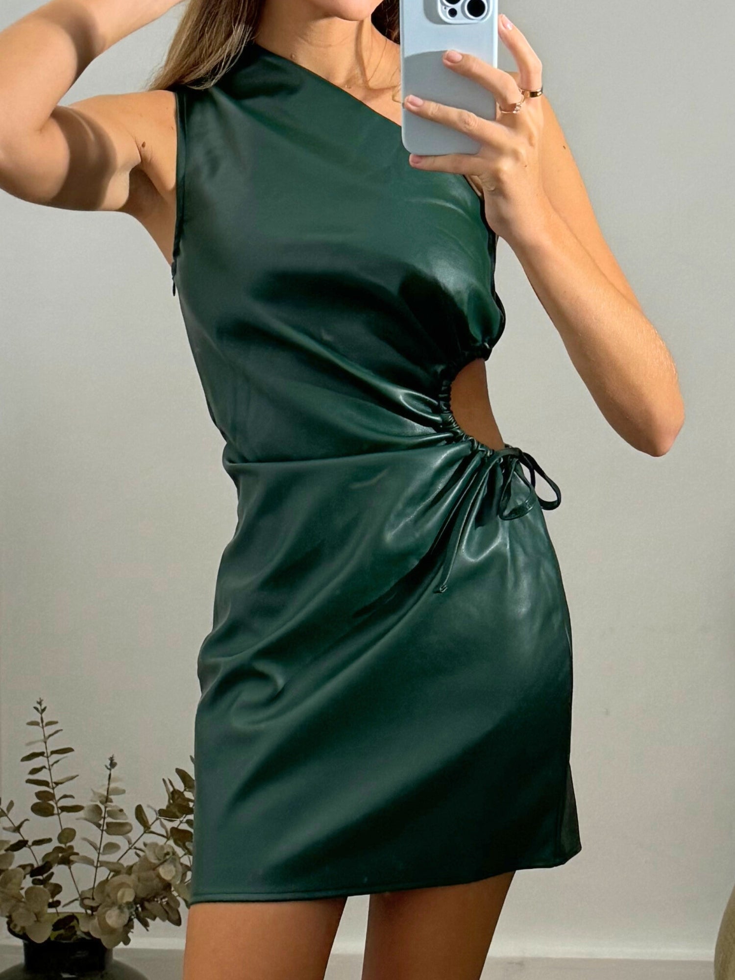 Millie One Shoulder Mini Dress / Green PU