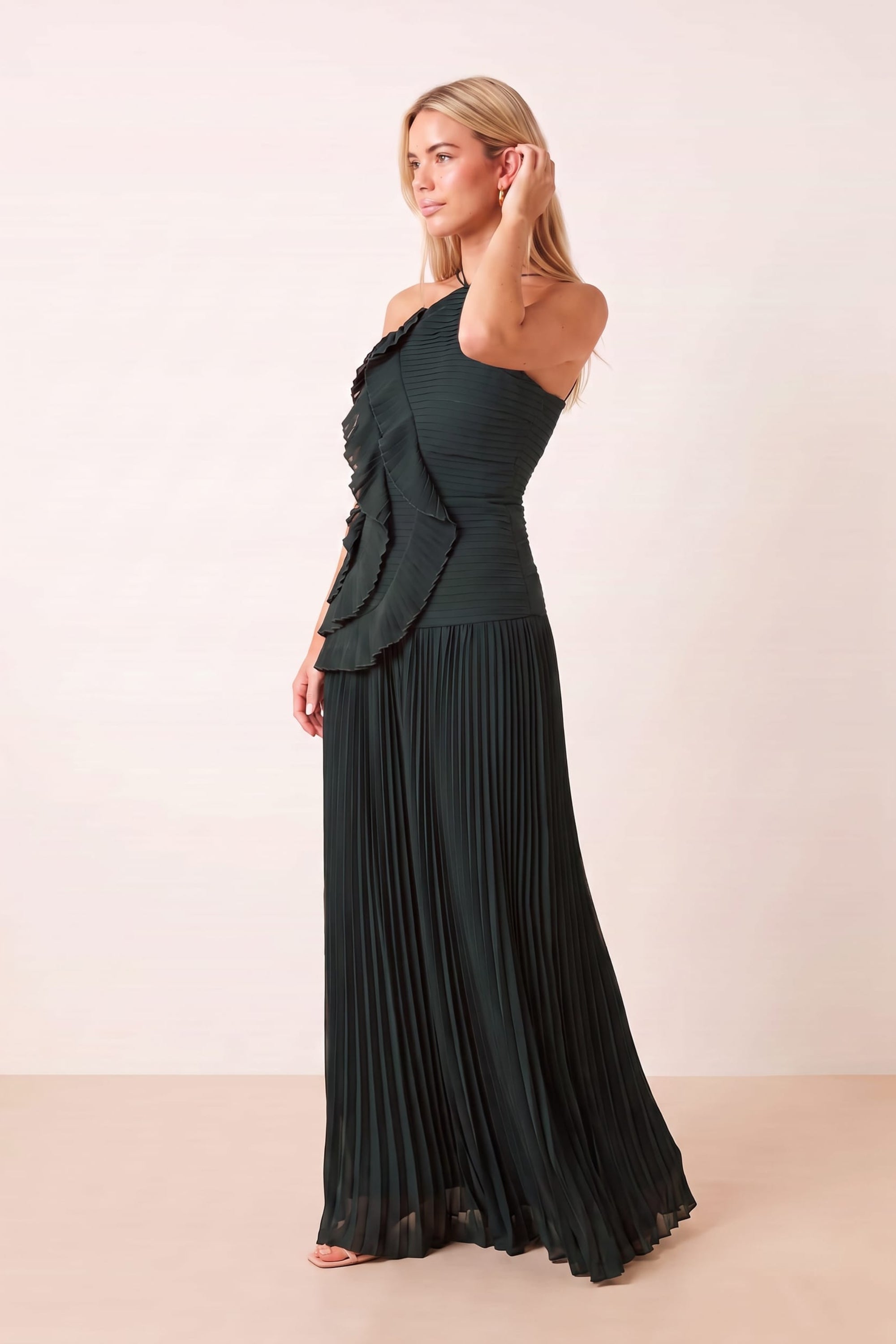 Pleated halter tie dress in Emerald green
