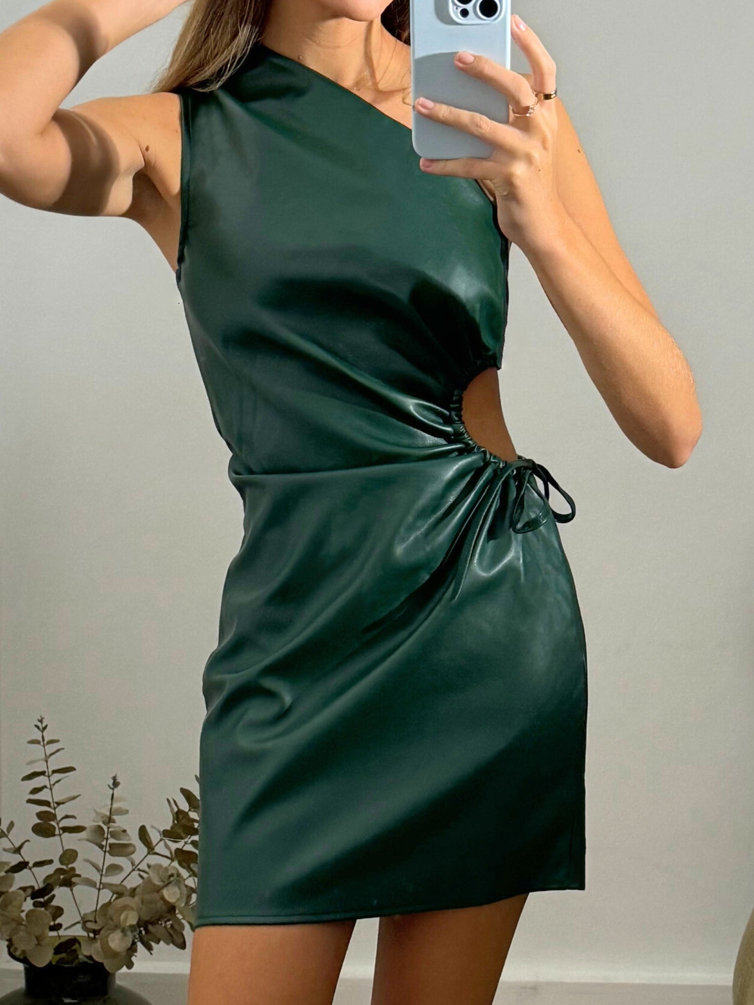 Millie One Shoulder Mini Dress / Green PU