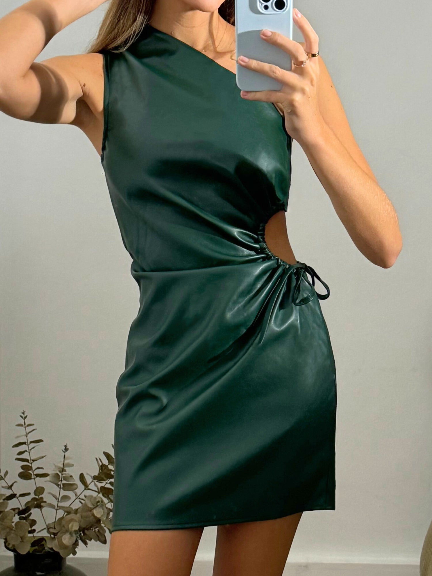 Millie One Shoulder Mini Dress / Green PU Style Cheat Millie One Shoulder Mini Dress / Green PU Style Cheat