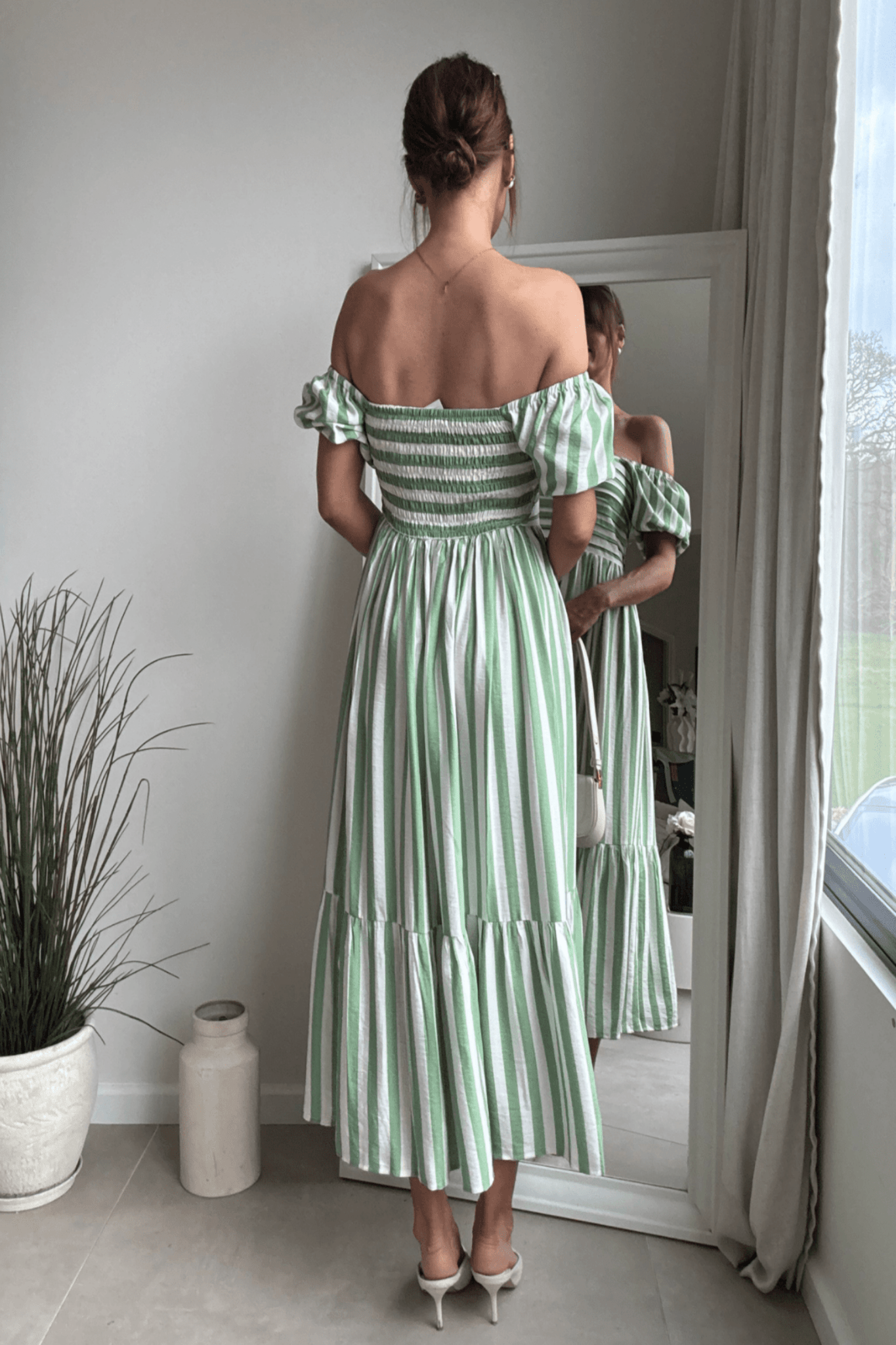 Leighton Puff Sleeve Midi Dress in Green Stripe - Style Cheat