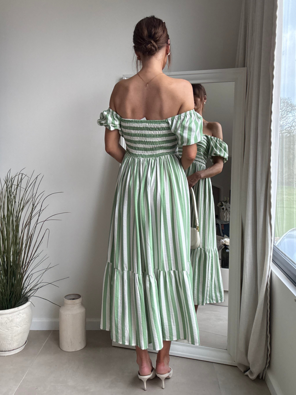 Leighton Puff Sleeve Midi Dress in Green Stripe