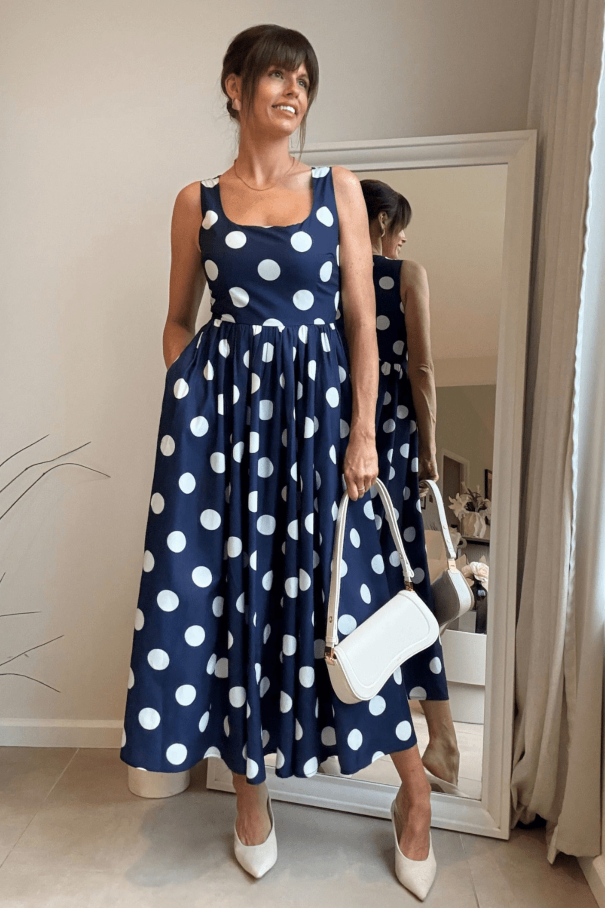 Davica Navy and white Polka Dot Midi Dress - Style Cheat