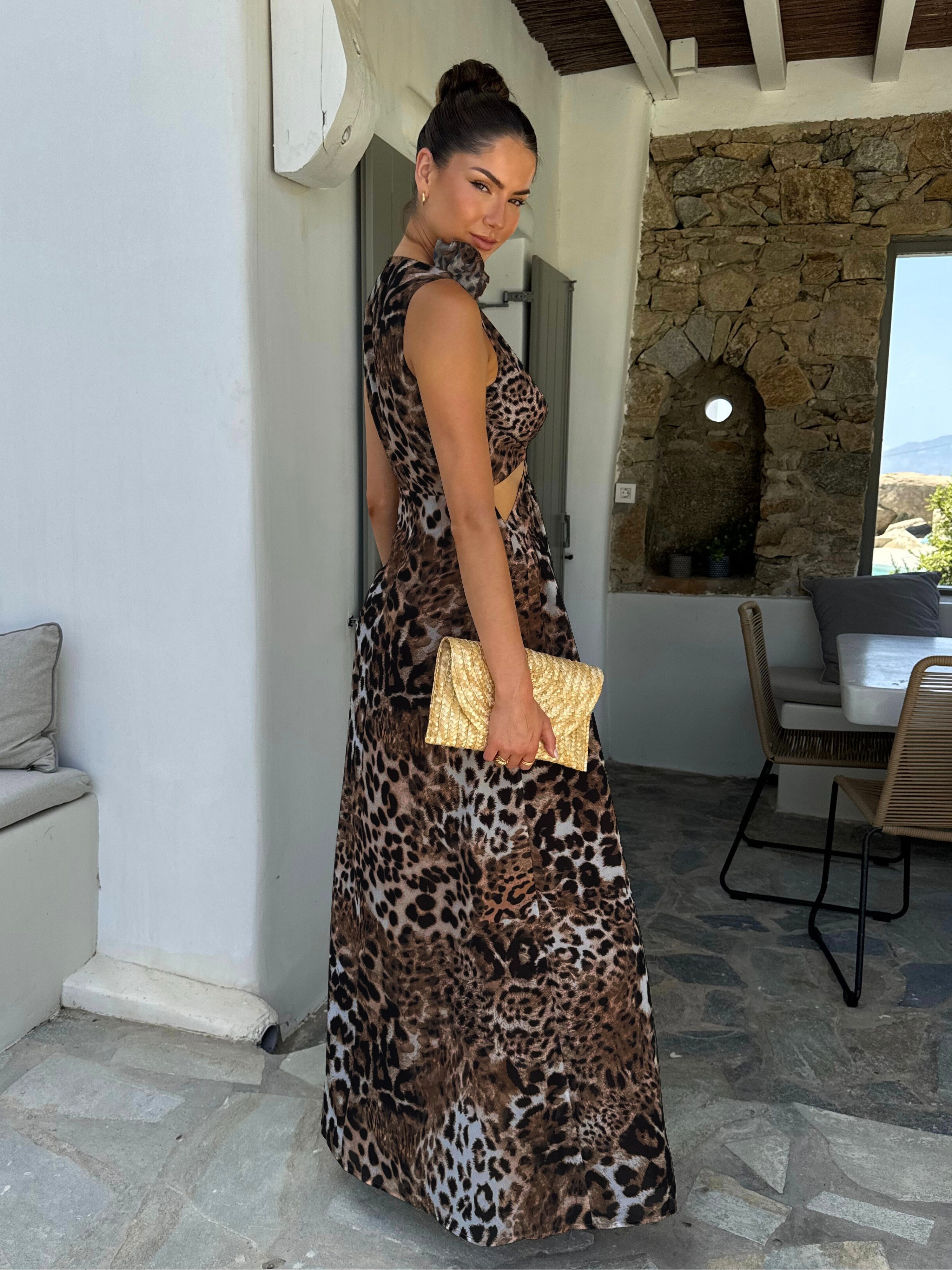 Animal Print Maxi Dress | Layla Dress with Shoulder Corsage