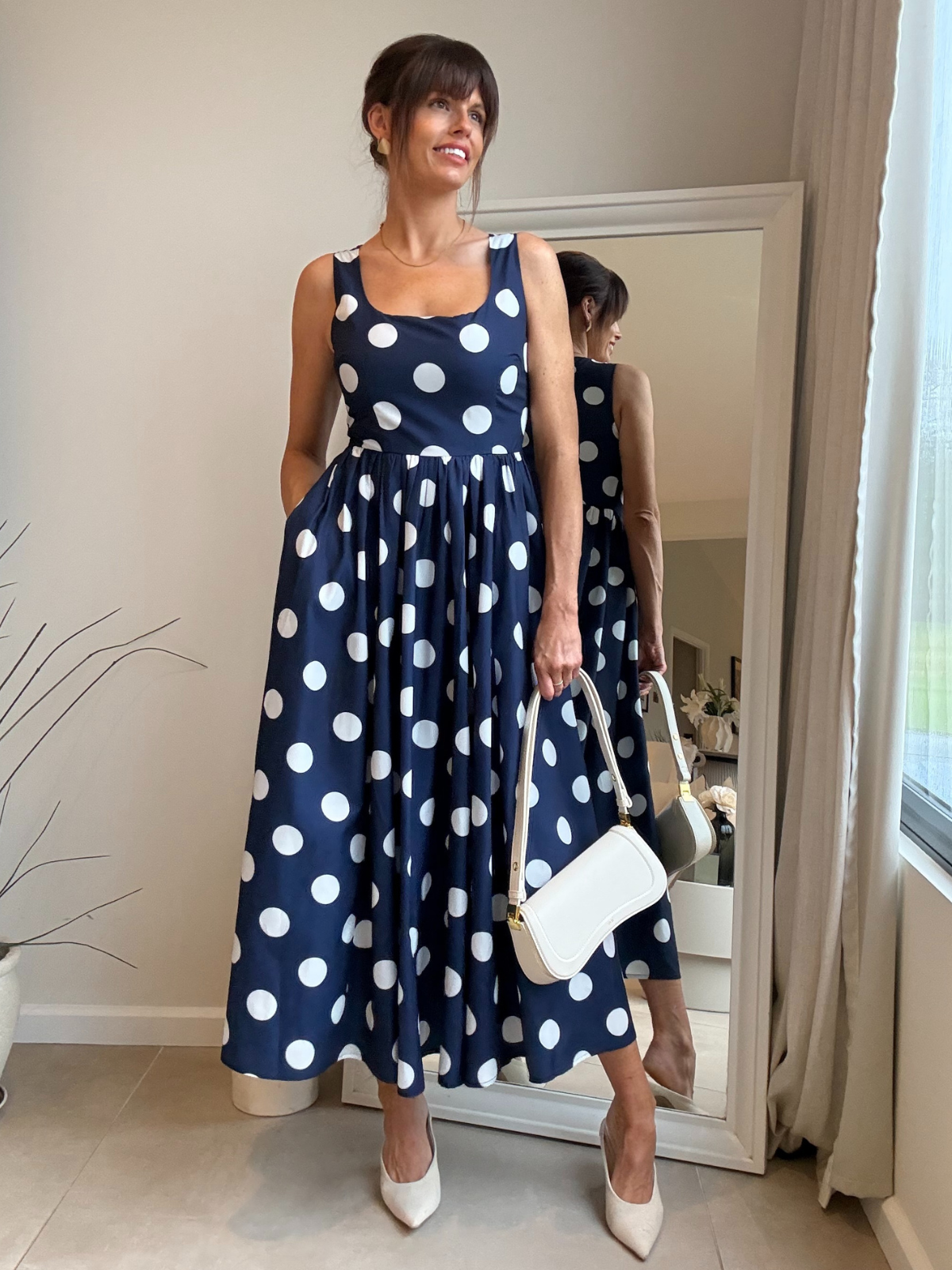 Davica Navy and white Polka Dot Midi Dress