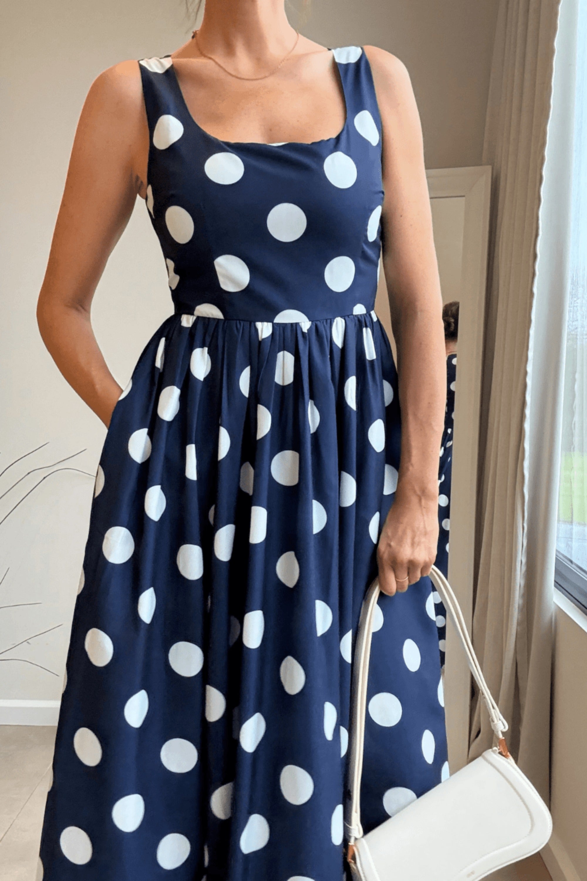 Davica Navy and white Polka Dot Midi Dress - Style Cheat
