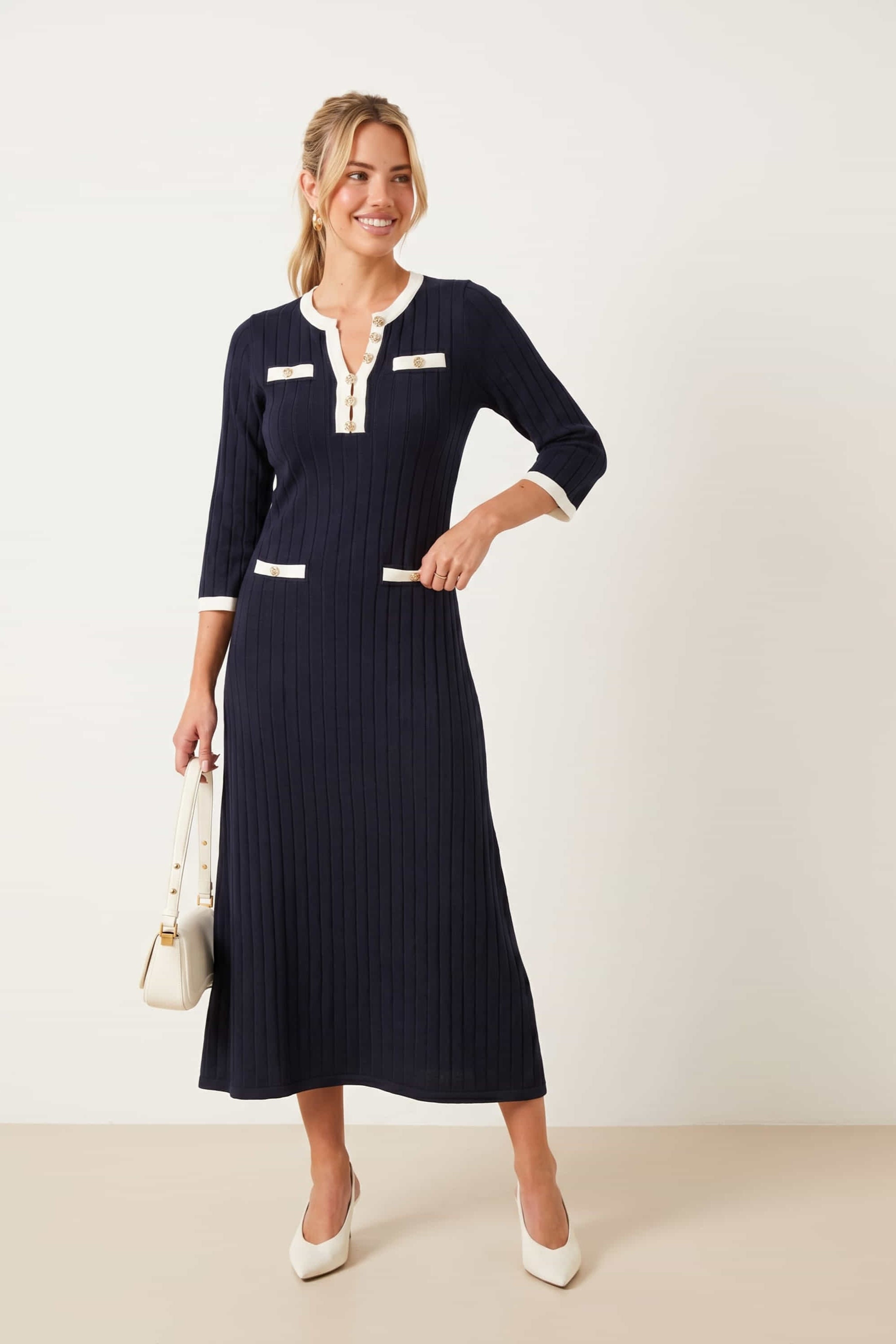 Navy Contrast Ribbed Knit Midi Dress