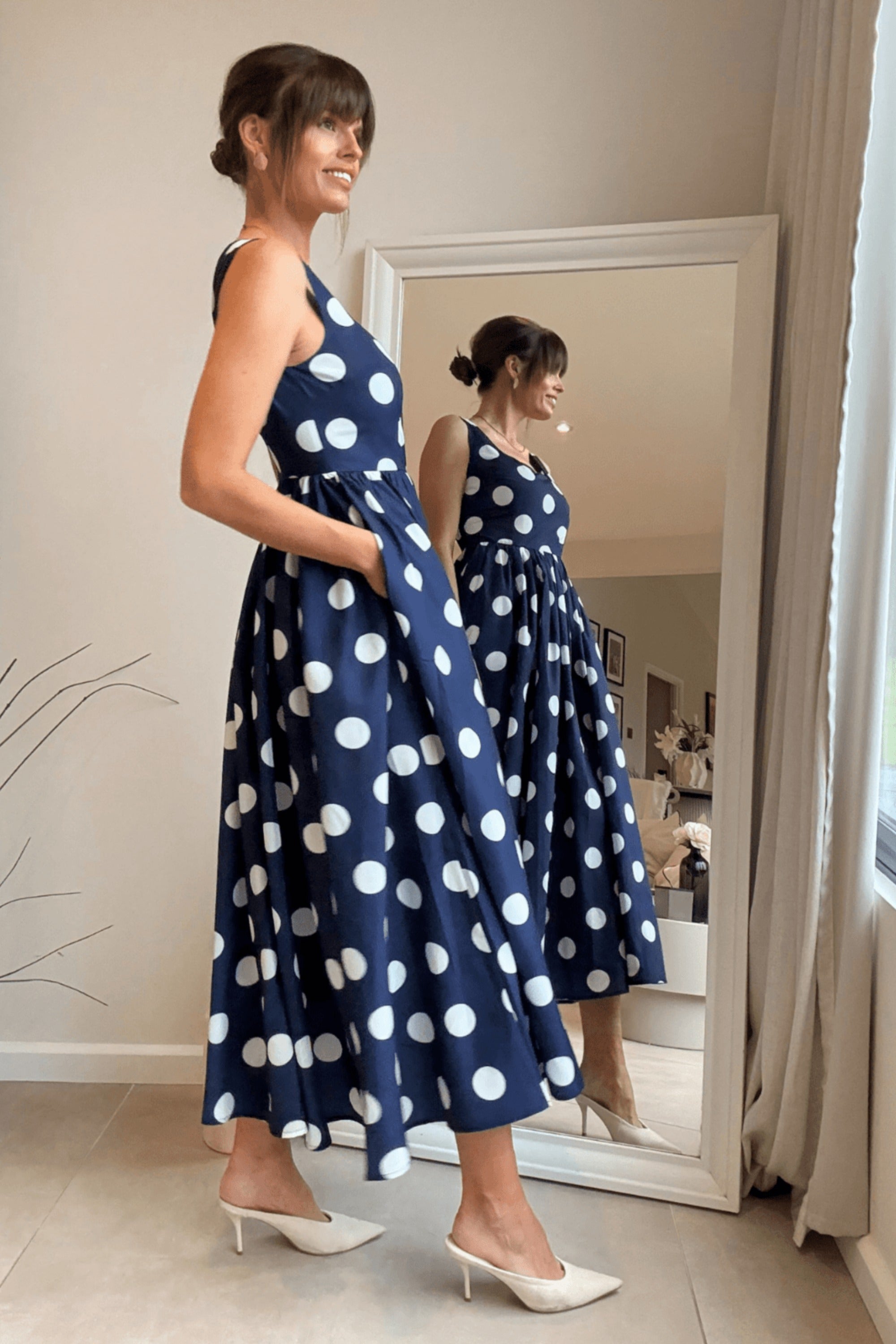 Davica Navy and white Polka Dot Midi Dress - Style Cheat
