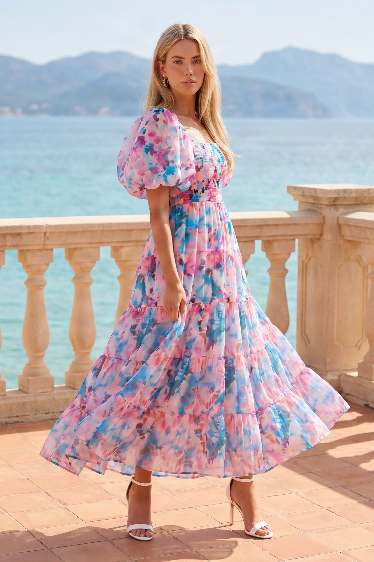 Square Neck Puff Sleeve Midi Dress