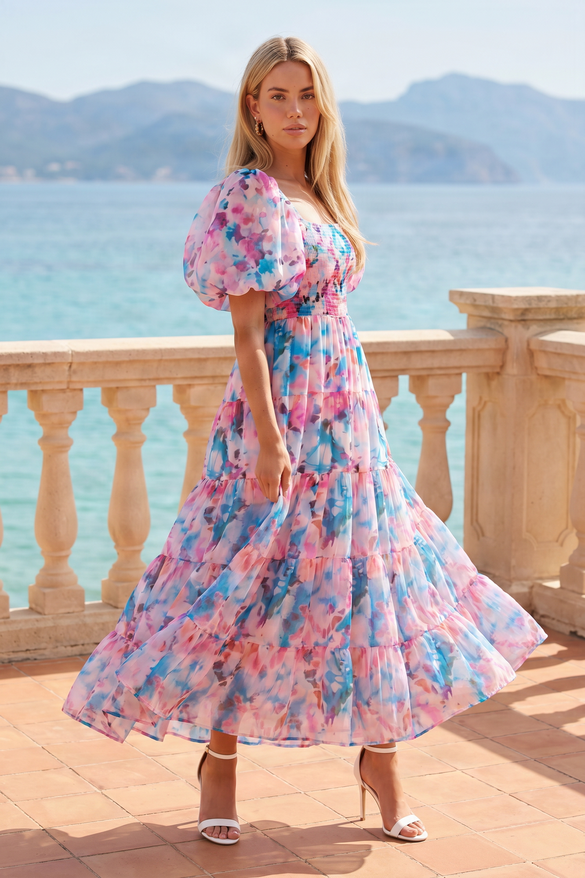 Square Neck Puff Sleeve Midi Dress