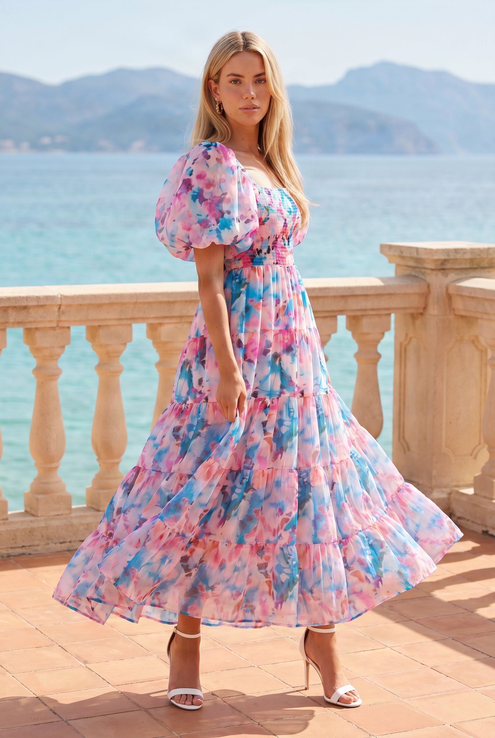 Square Neck Puff Sleeve Midi Dress
