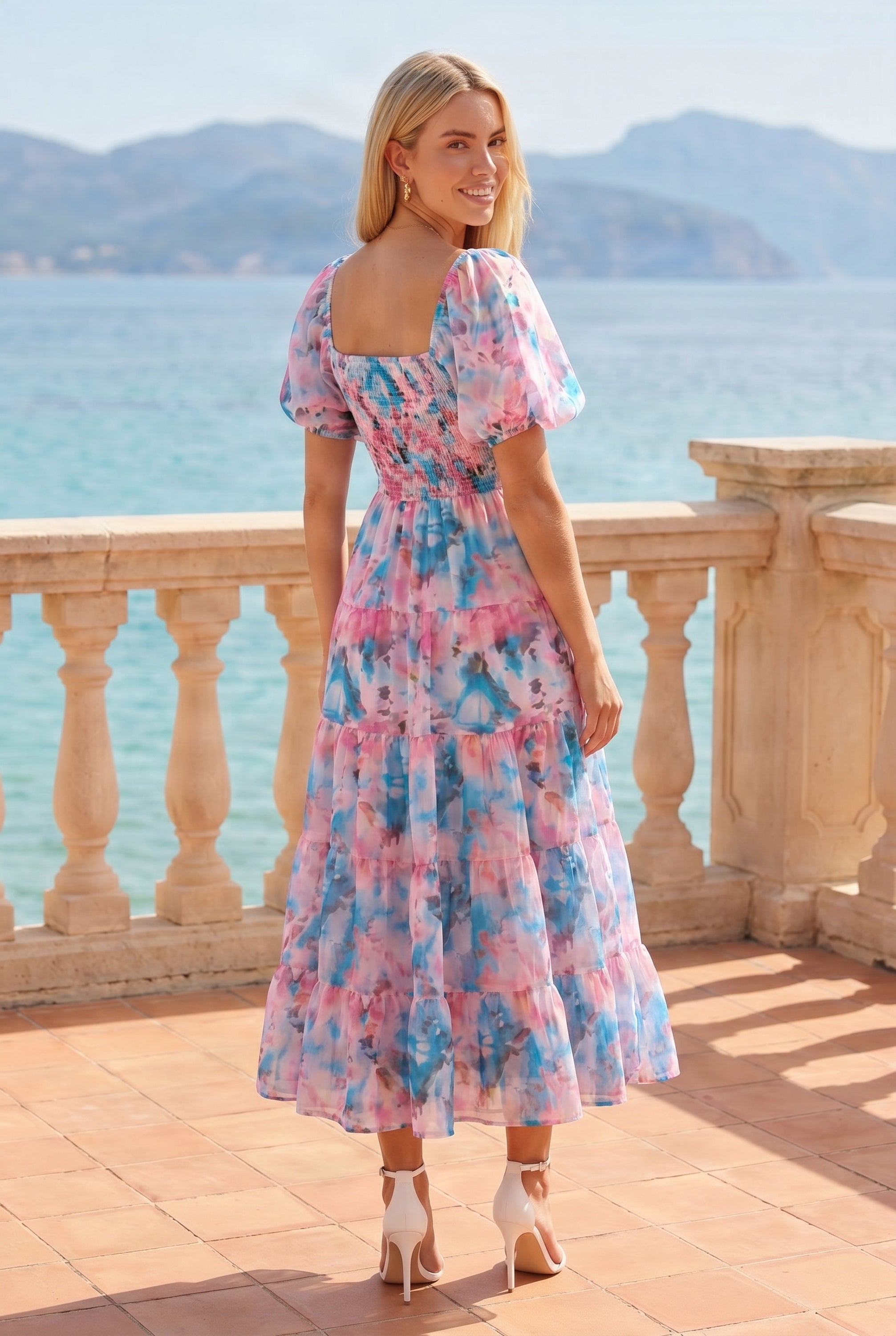 Square Neck Puff Sleeve Midi Dress