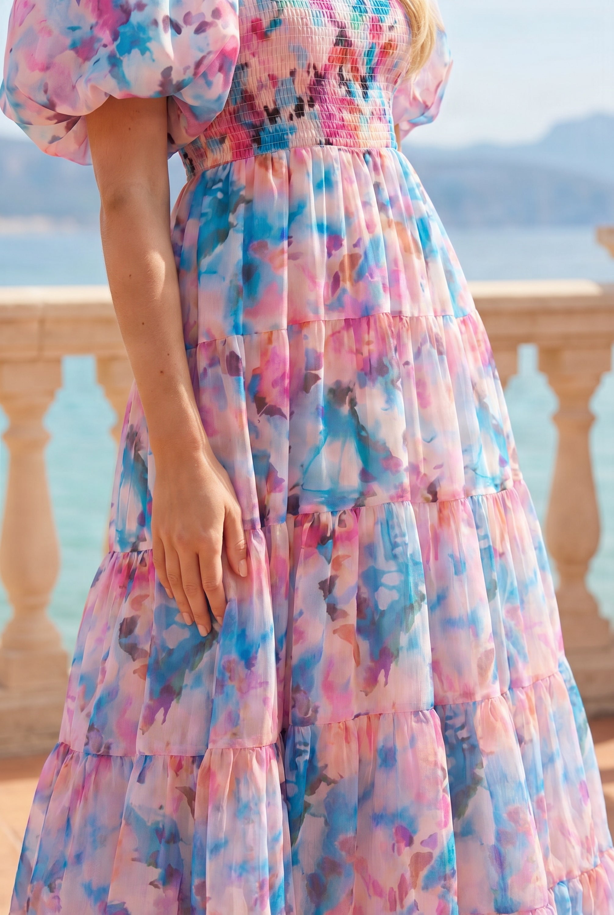 Square Neck Puff Sleeve Midi Dress