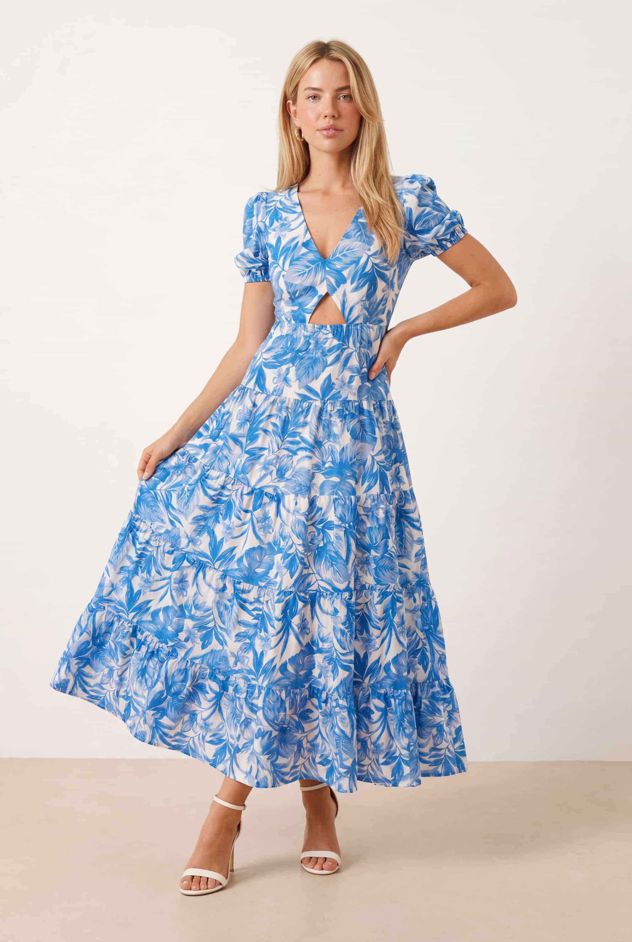 Blue Floral Cutout Dress