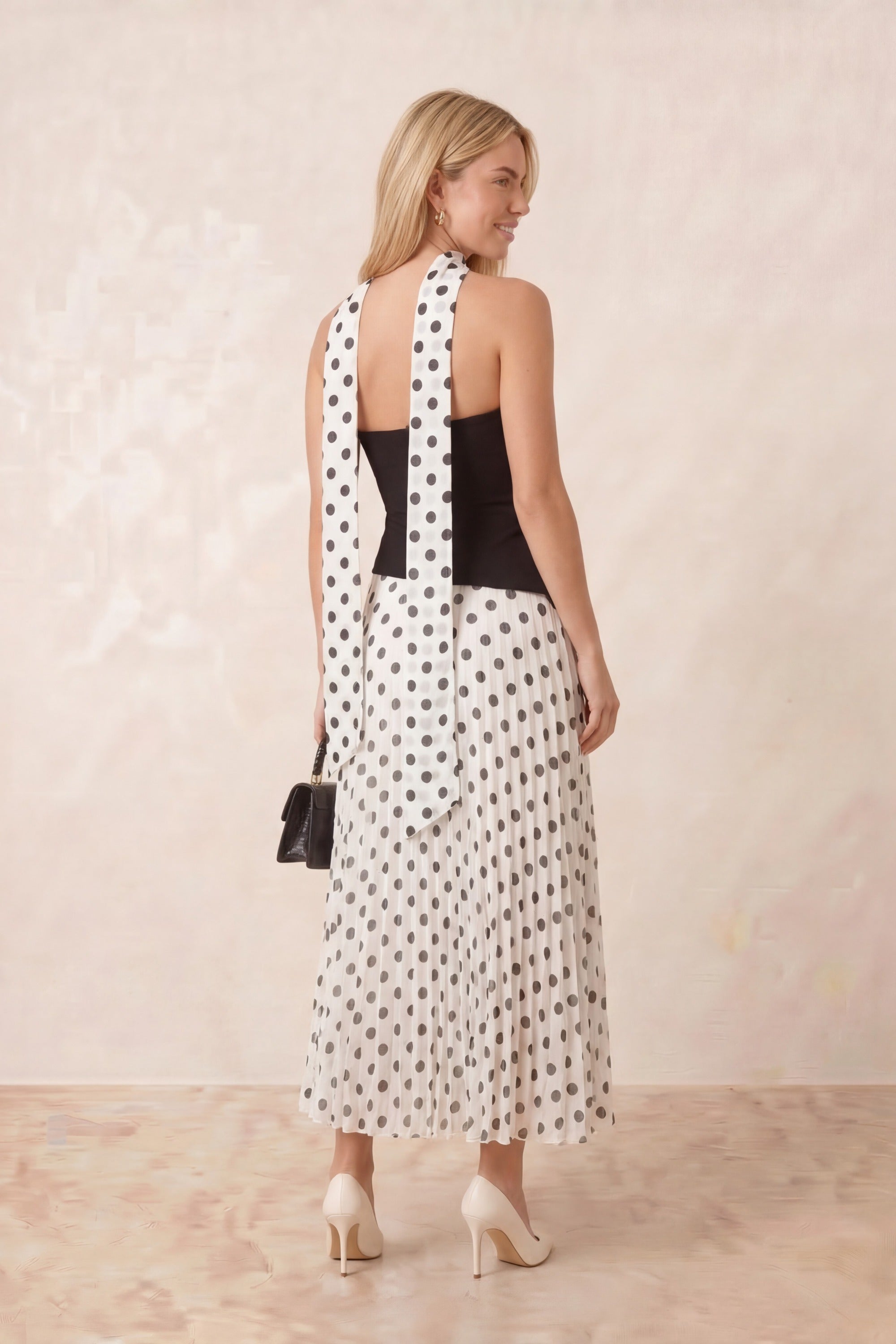 Viola Scarf Bandeau Pleat Dress in Mono Polka Dot - Style Cheat