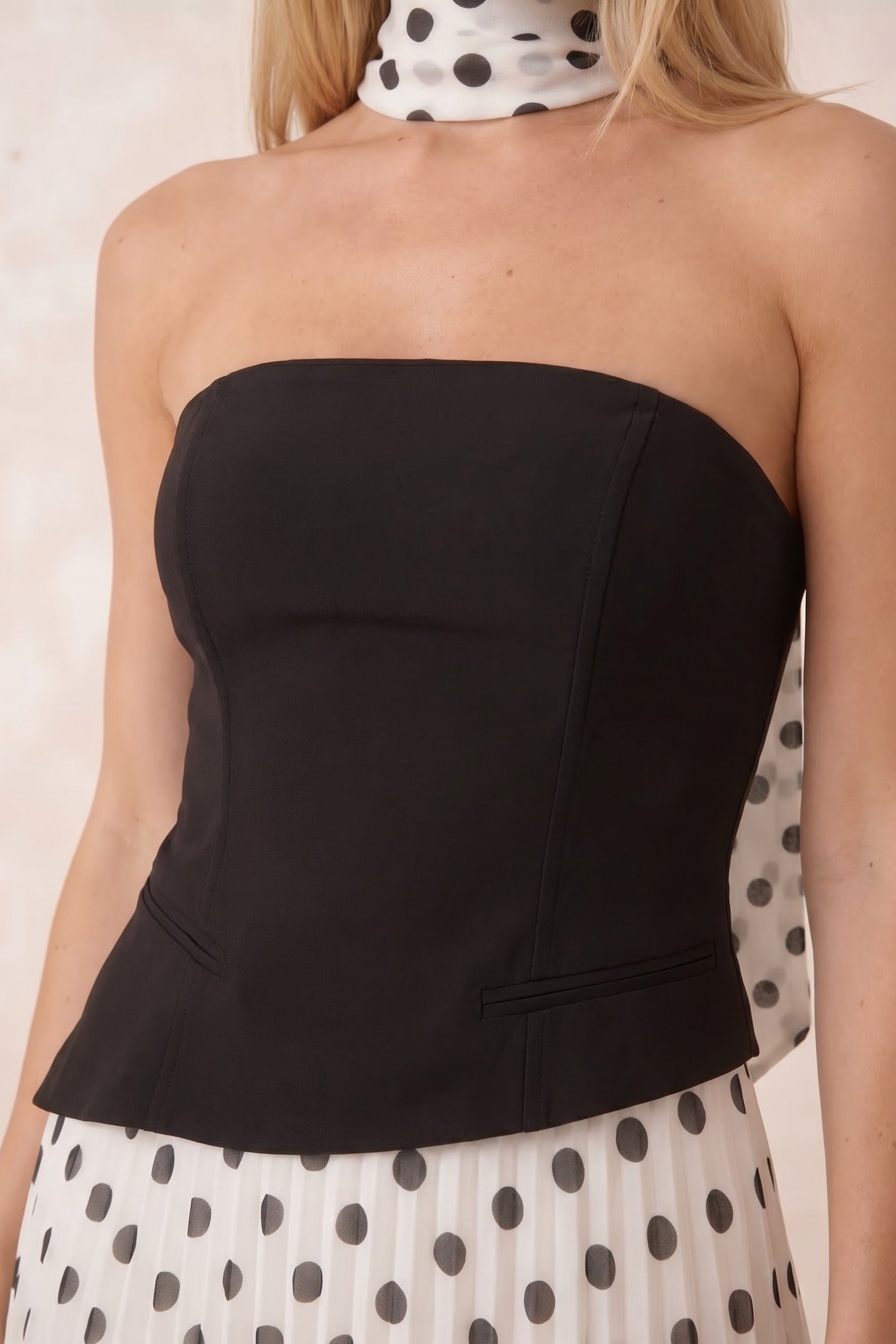 Viola Scarf Bandeau Pleat Dress in Mono Polka Dot - Style Cheat