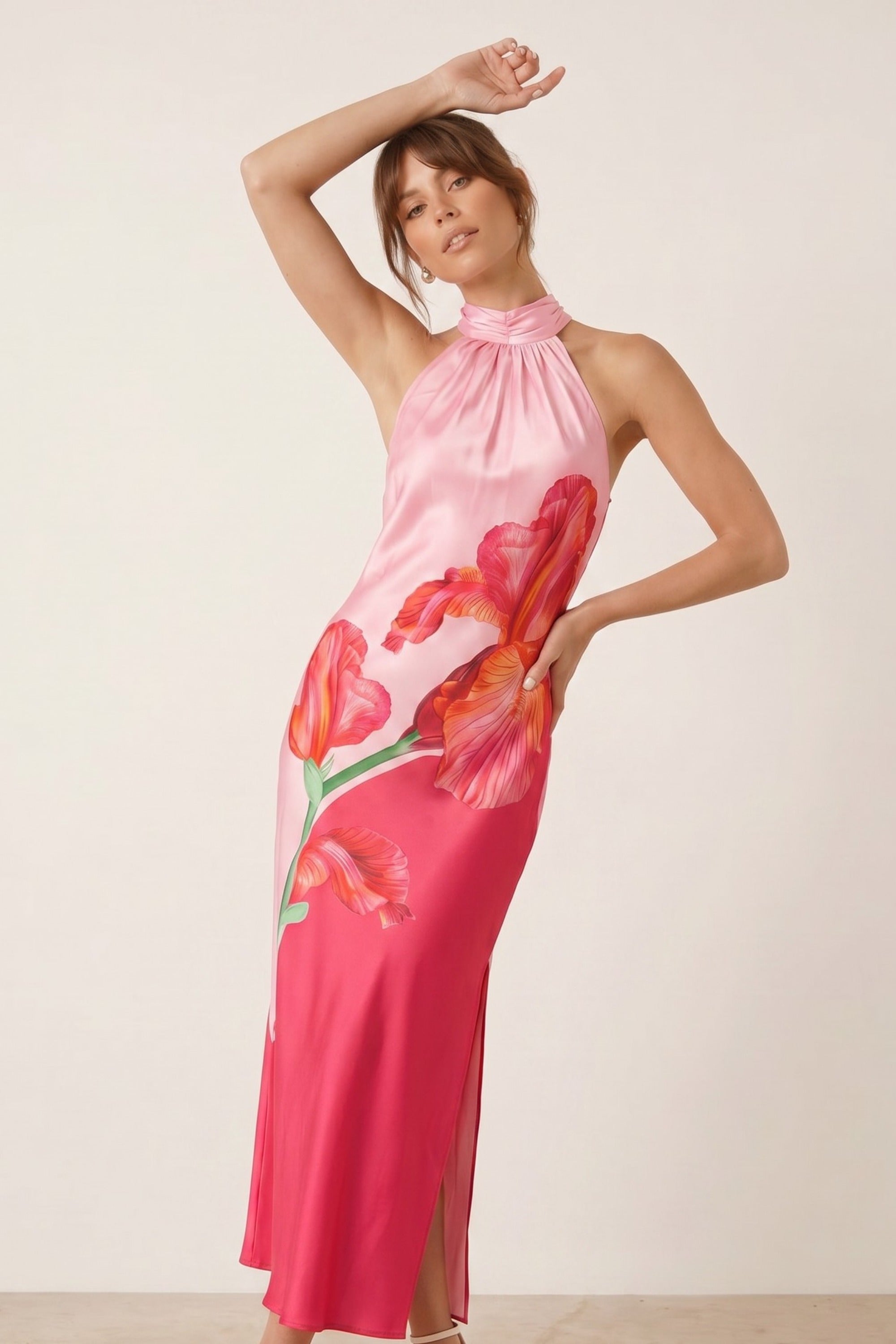 Sienna Satin Halter Placement Print Dress in Pink - Style Cheat