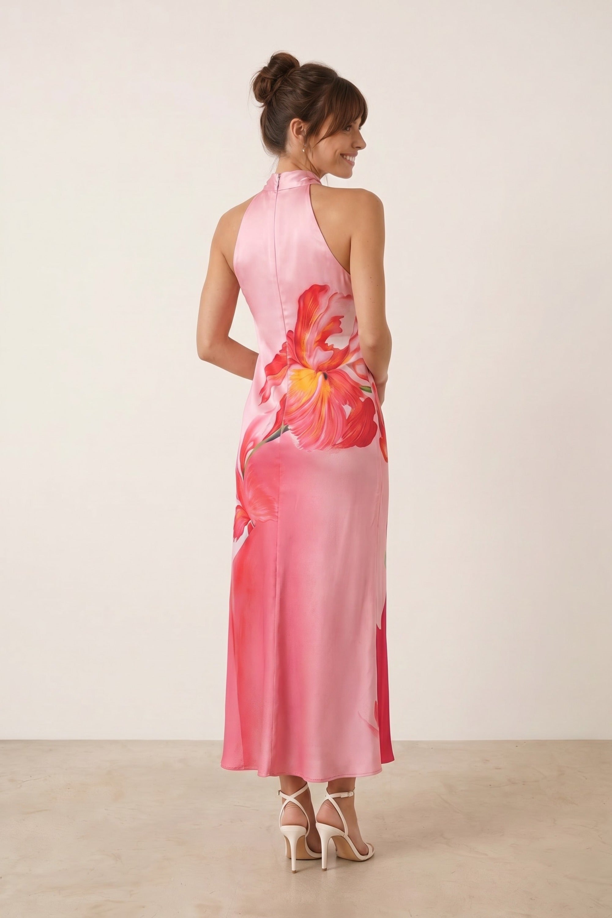 Sienna Satin Halter Placement Print Dress in Pink - Style Cheat