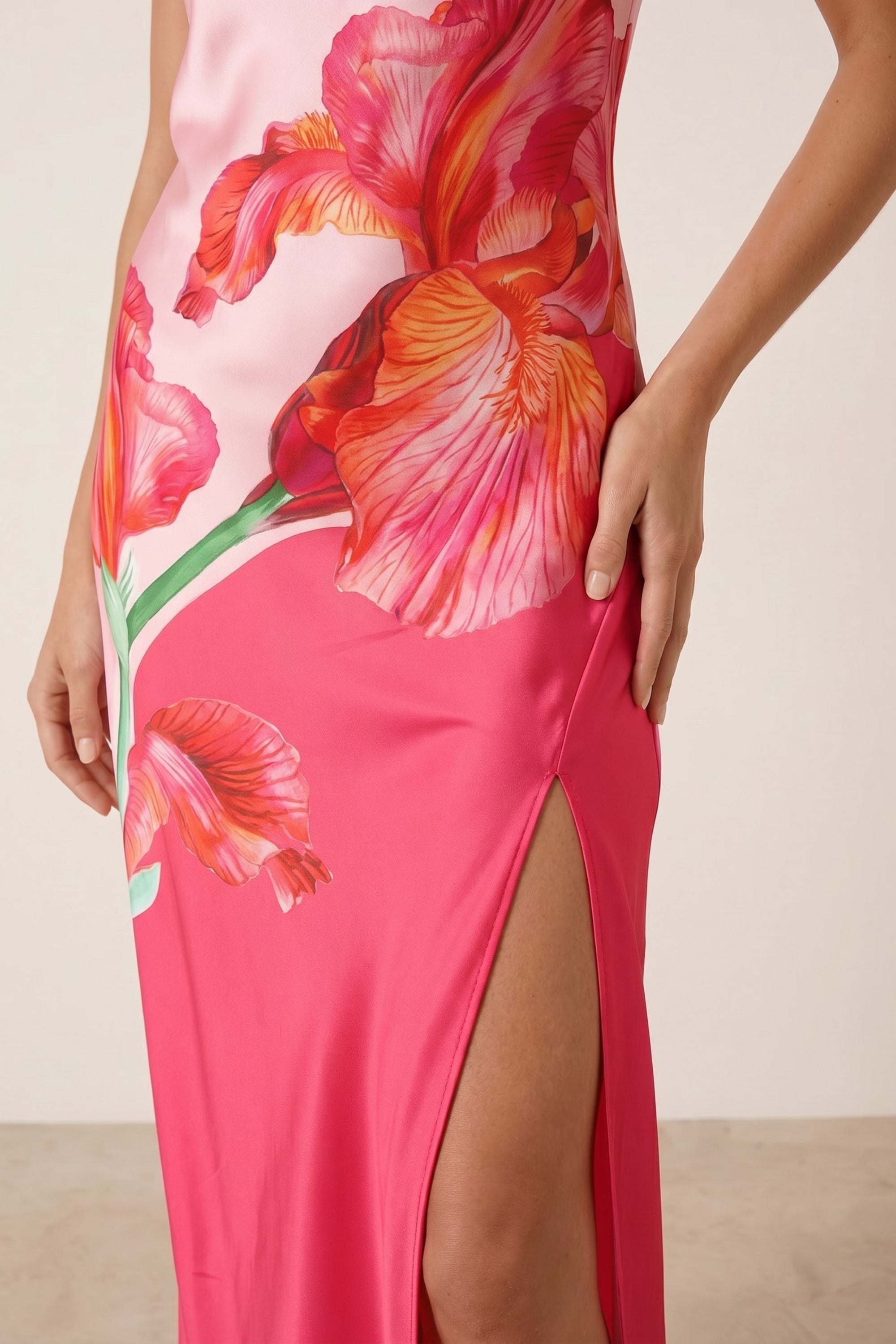 Sienna Satin Halter Placement Print Dress in Pink - Style Cheat