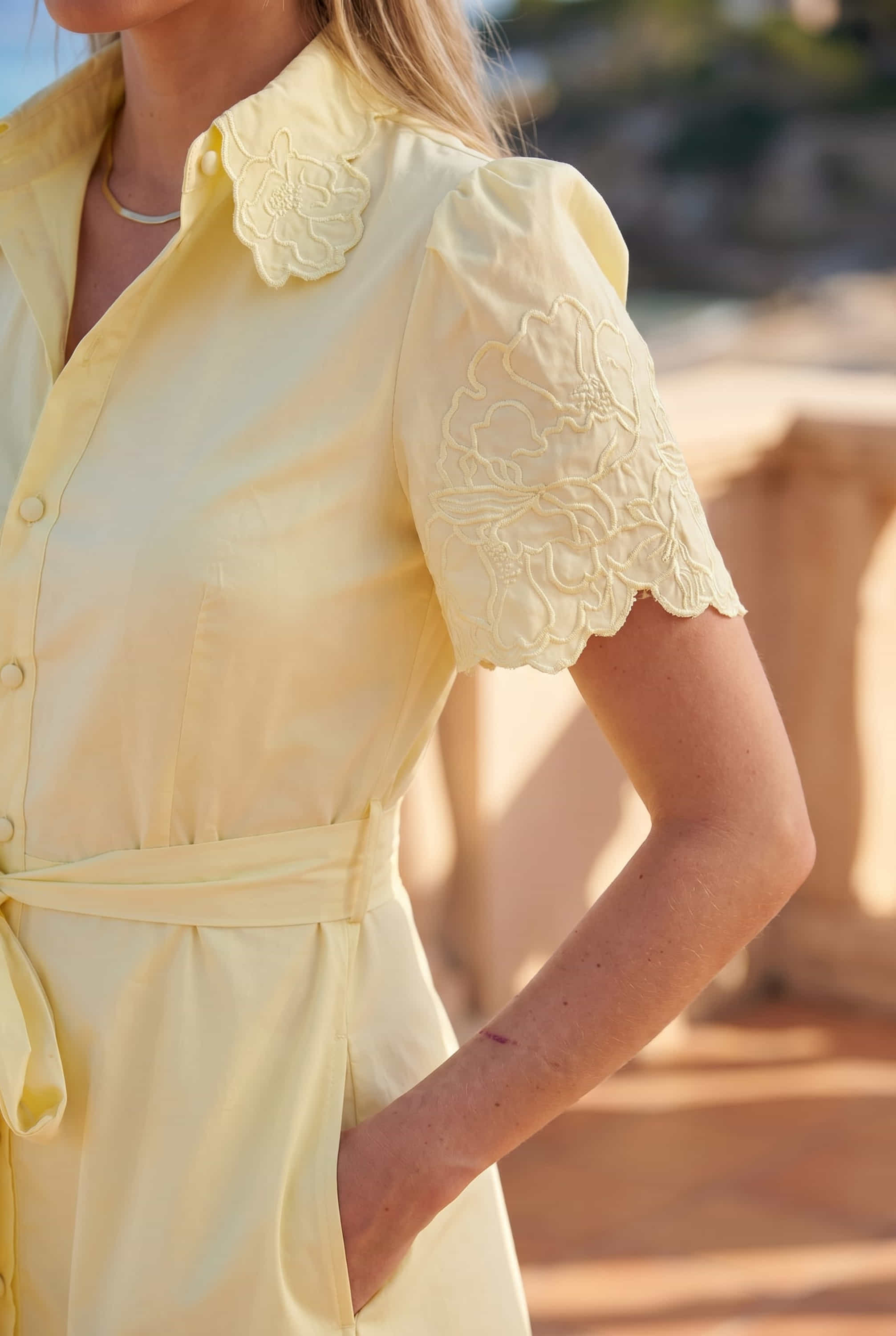 Laser Cut Shirt Dress in yellow