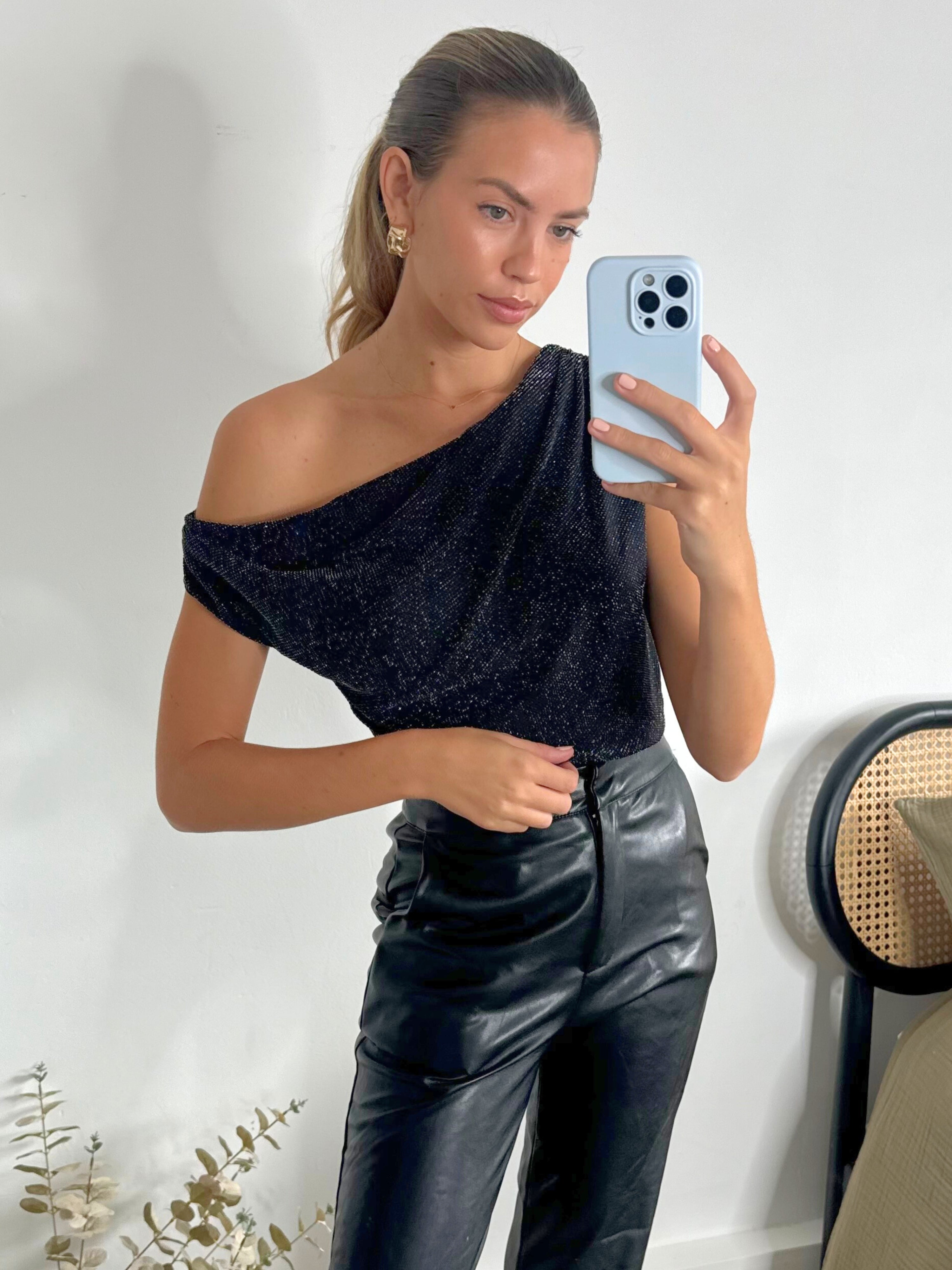 Ashton Metallic Lurex Slinky Top in Black