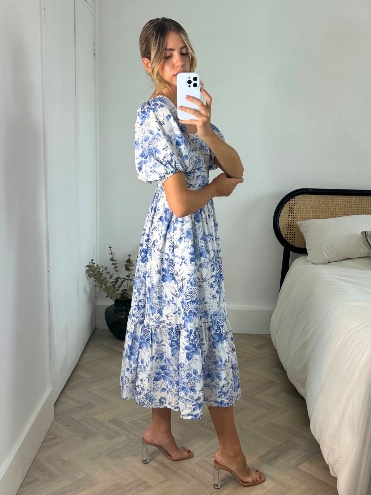 Puff Sleeve Midi Dress | Leighton Dress in Blue Floral