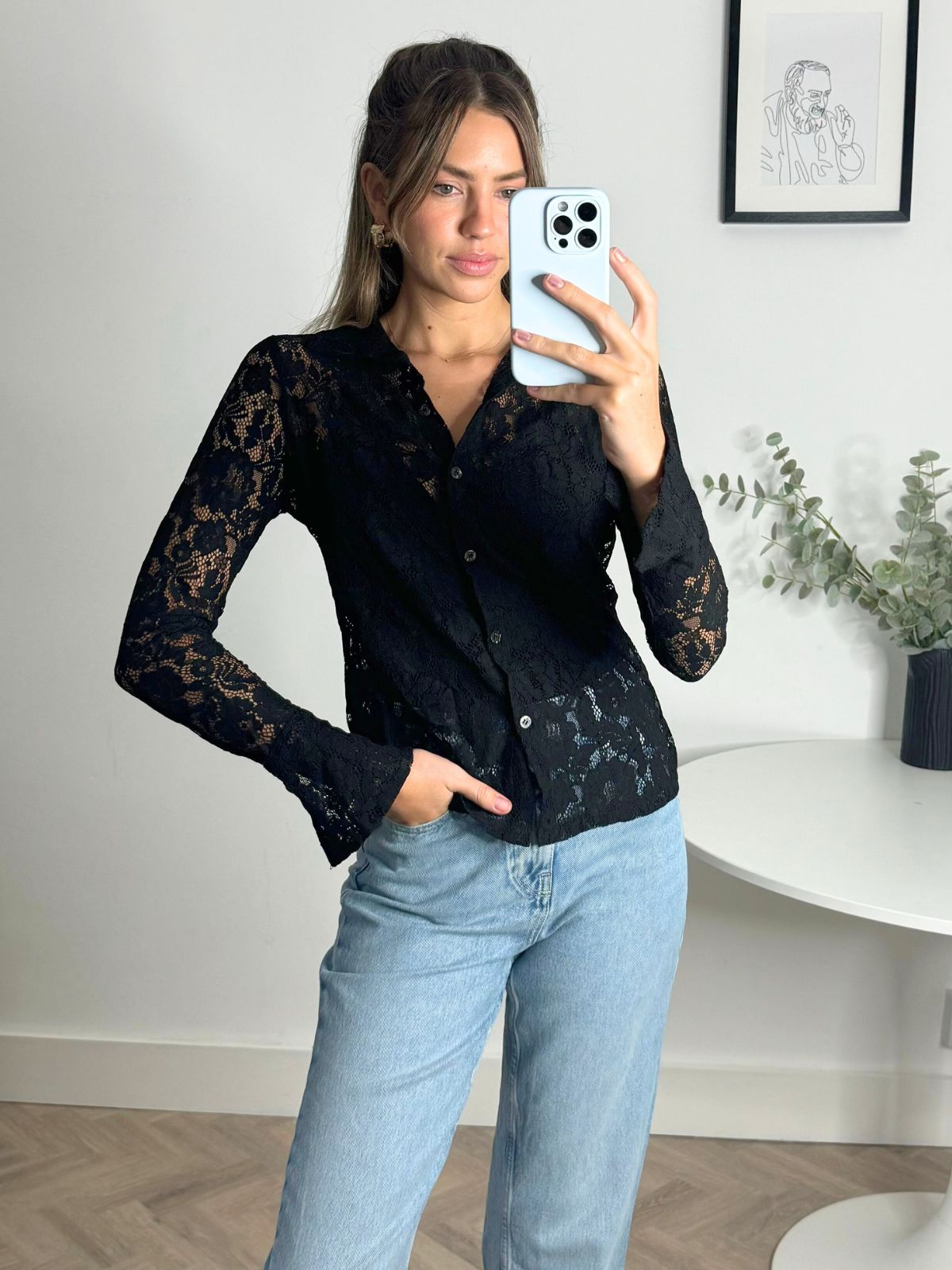 Lana Sheer Lace Shirt in Black