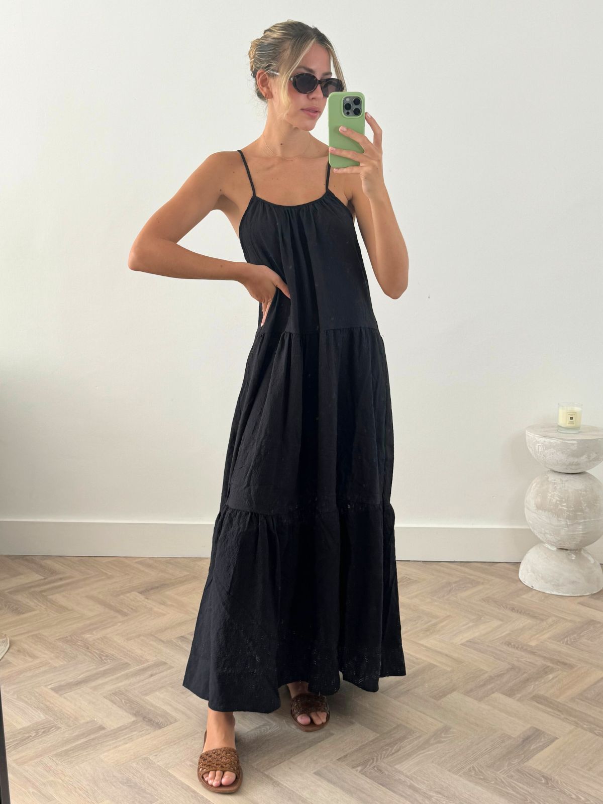 Raelyn Strappy Smocked Midi Dress in Black