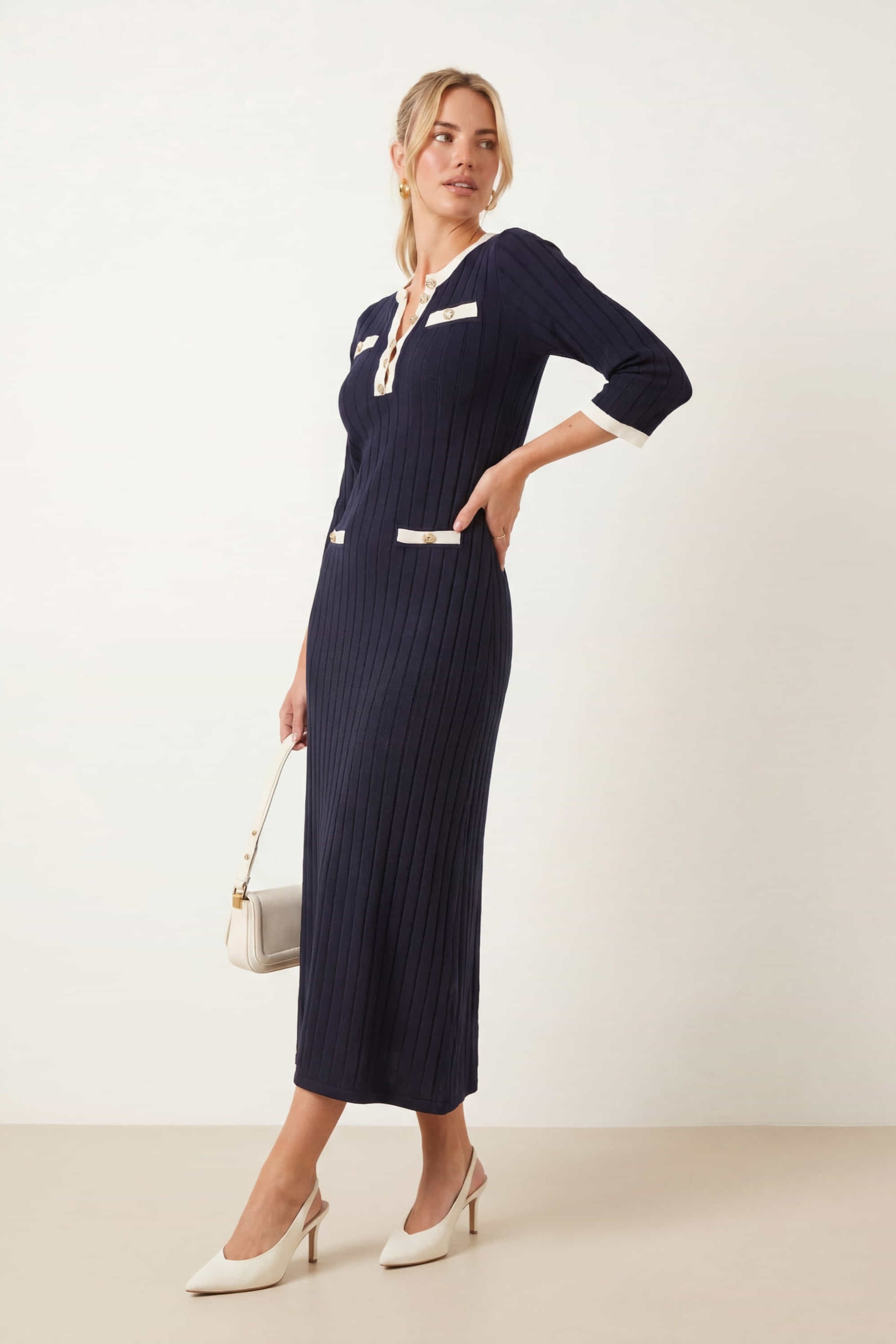 Navy Contrast Ribbed Knit Midi Dress